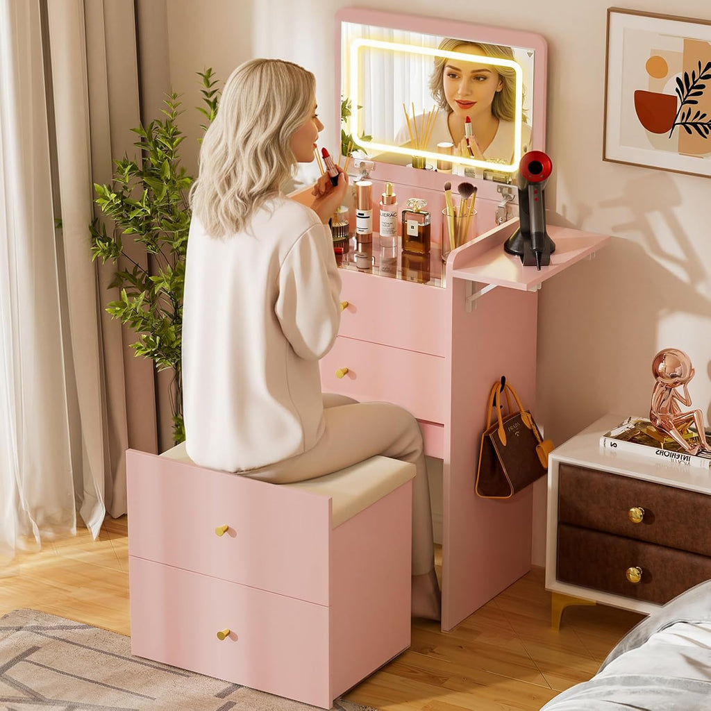 COMHOMA Makeup Vanity Desk with Mirror and Lights, Small 3 in 1 Vanity Table with Visible Glass Top, Flip Top & 3 Drawers, Compact Dressing with Storage Stool for Room or Office