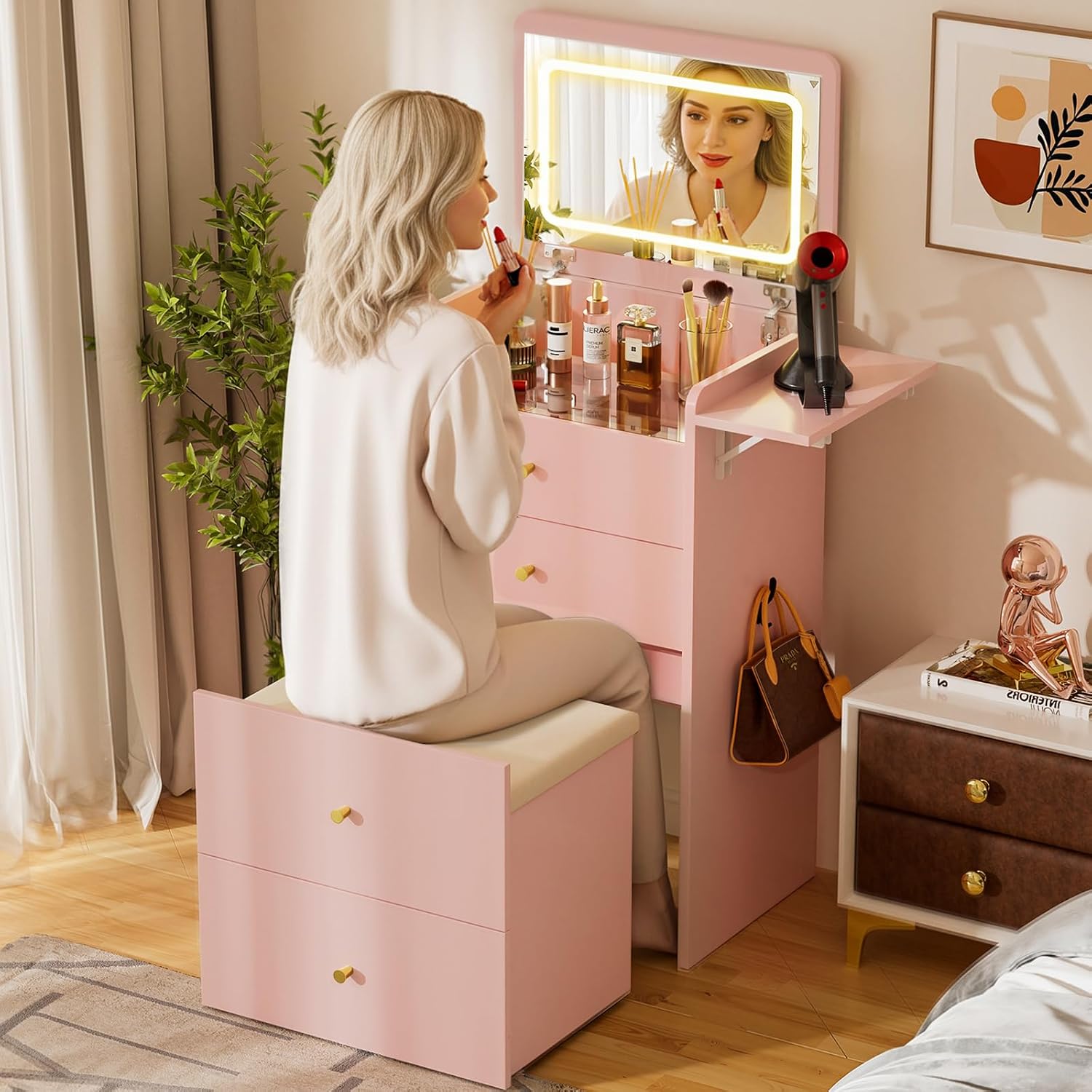 COMHOMA Makeup Vanity Desk with Mirror and Lights, Small 3 in 1 Vanity Table with Visible Glass Top, Flip Top & 3 Drawers, Compact Dressing with Storage Stool for Room or Office