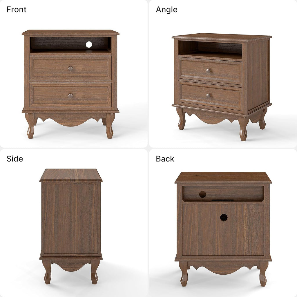 Solid Wood Nightstand, Fully Assembled Night Stand with 2 Drawer & Open Shelf Storage, Bedside Table with Charging Station, Mid-Century Modern End Table for Bedroom, Walnut