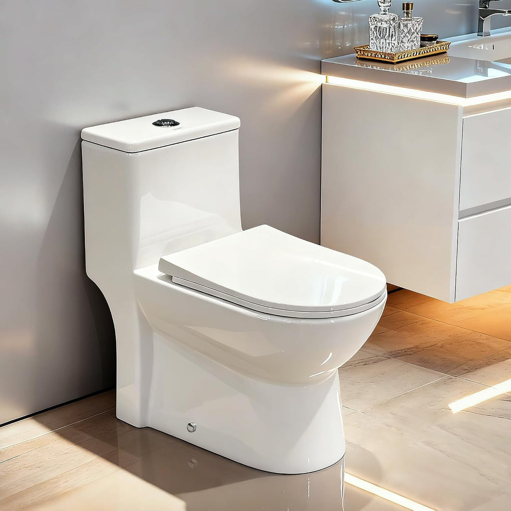 W2121D One-Piece Dual Flush Toilet, 0.8/1.28 GPF,360° Tornado Flush, Elongated D-Shape Bowl, 12-In Rough-In, White, Soft-Close Seat, EPA & WaterSense Certified