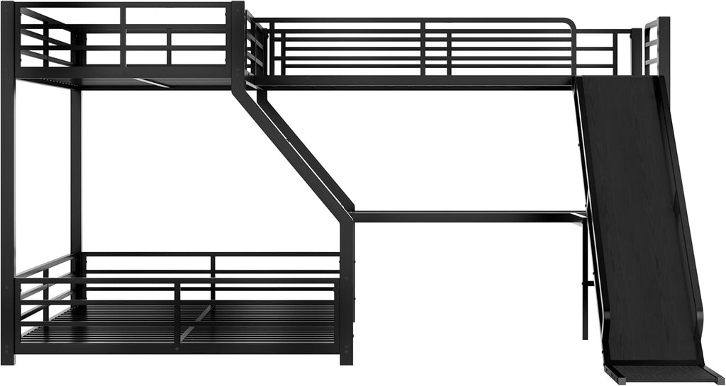 Bellemave Triple Bunk Beds, L-Shape Twin XL Over Queen Bunk Bed Attached a Loft Bed with Desk, Triple Bunk Bed with Slide and USB Ports, Metal Corner Bunkbed Frame for Three Boys Girls Teens, Black