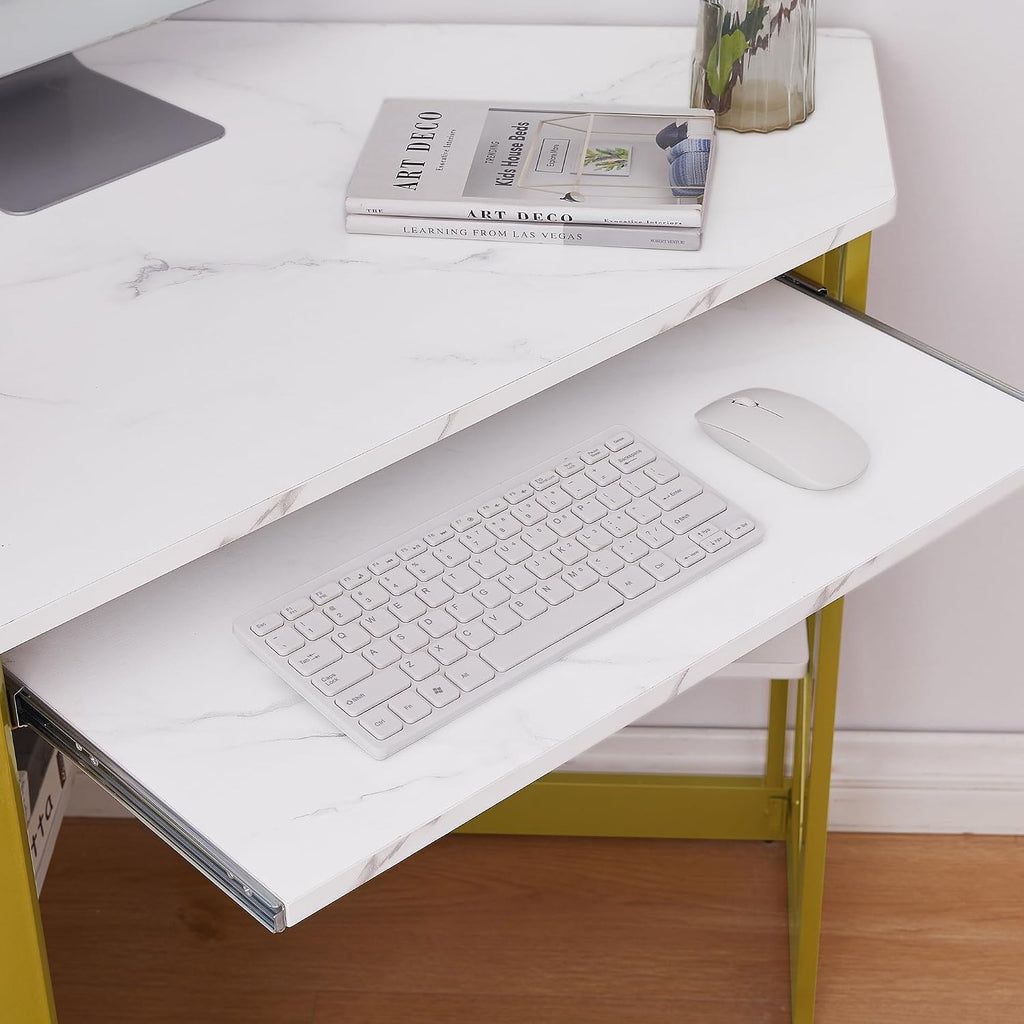 VECELO Corner Desk Computer Desk Writing Table with Smooth Keyboard Tray & Storage Shelves for Small Spaces,Compact Home Office Triangle Table,Gold & White