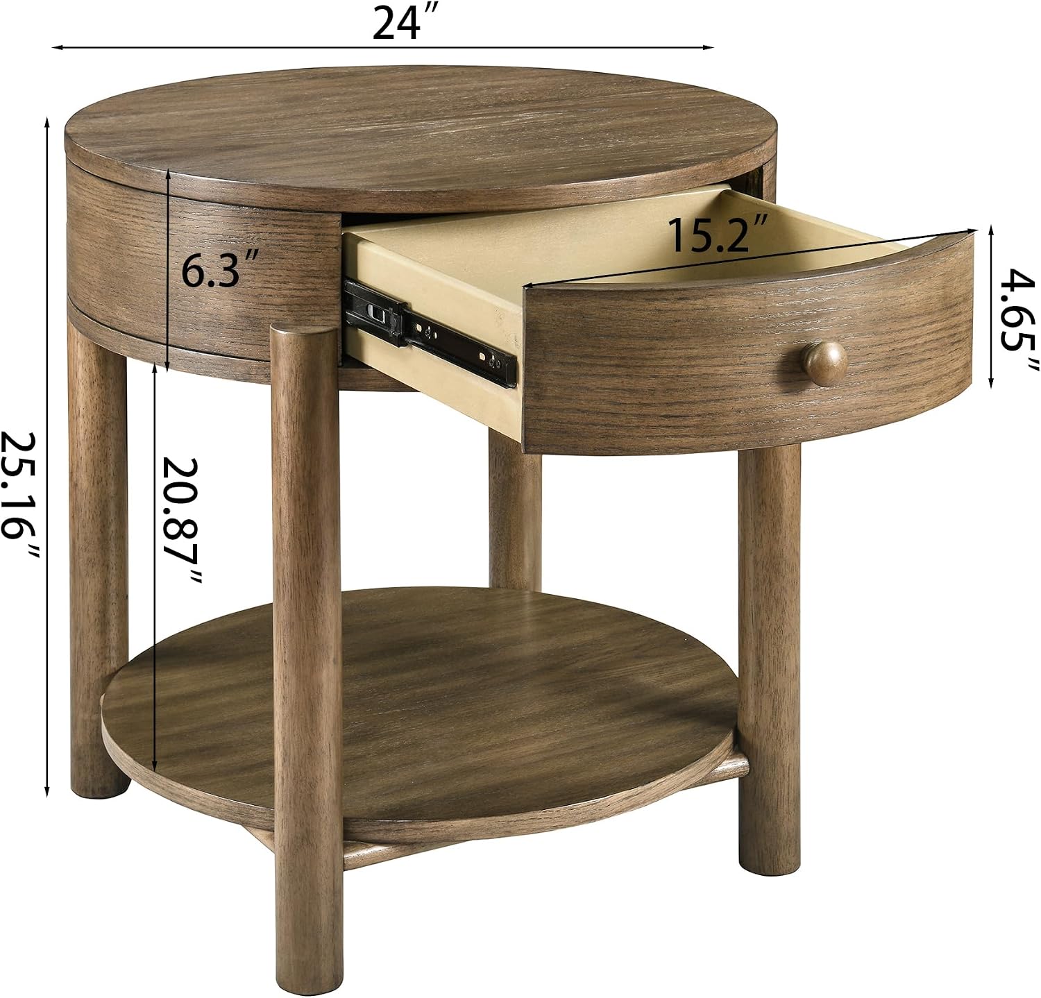 Solid Wood 24' Round End Table with Drawer, 2-Tier Small Sofa Side Table with Open Storage Oak Wood Accent Corner Table Modern Nightstand with Shelf for Living Room Bedroom Office, Brown, 24x25.16in