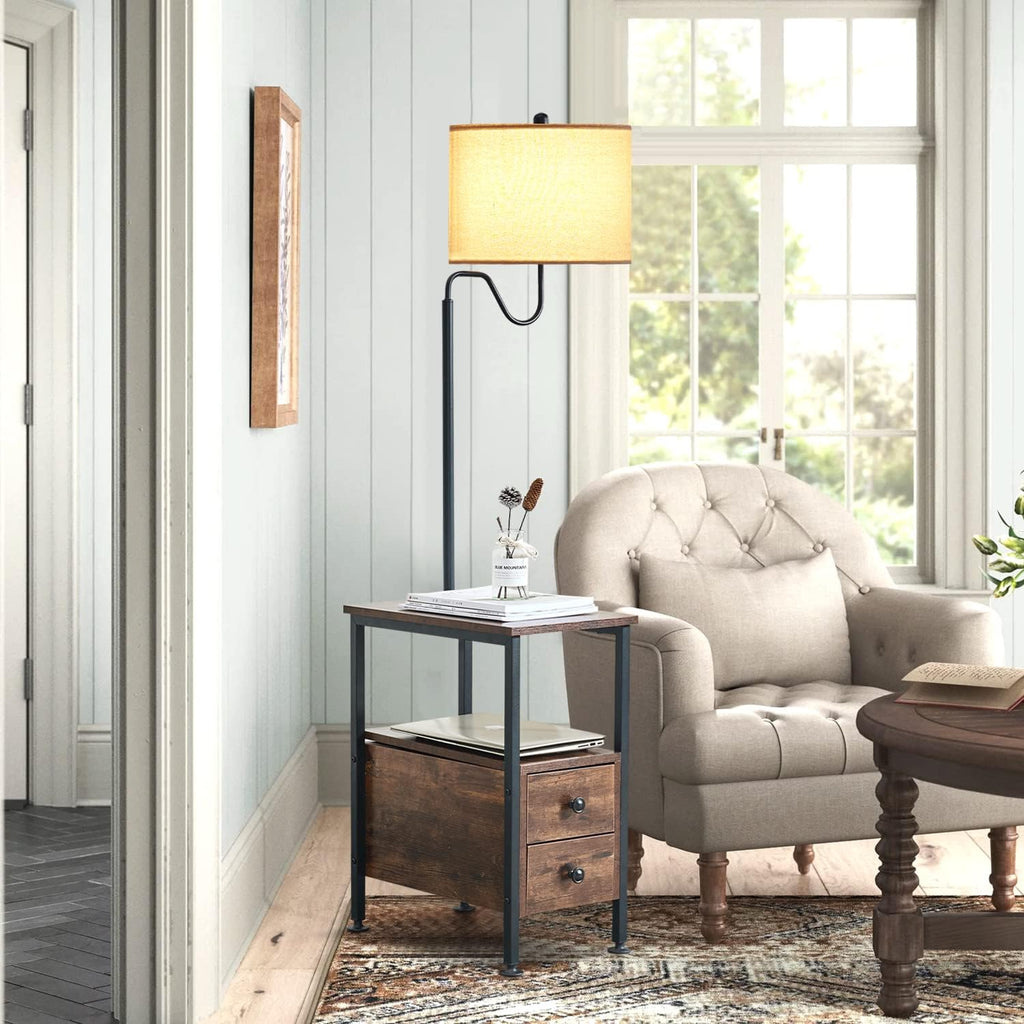 Dungoo 59' Floor Lamp with Table, Narrow End Table with Lamp Attached with USB & Type-C Ports and 2 Outlets, Rustic End Table with Storage Drawers, Bedside Nightstand for Living Room Bedroom