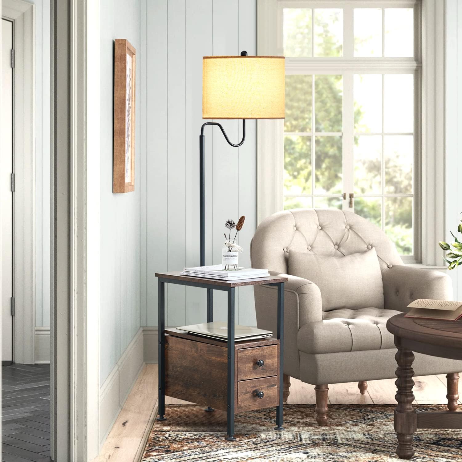 Dungoo 59' Floor Lamp with Table, Narrow End Table with Lamp Attached with USB & Type-C Ports and 2 Outlets, Rustic End Table with Storage Drawers, Bedside Nightstand for Living Room Bedroom