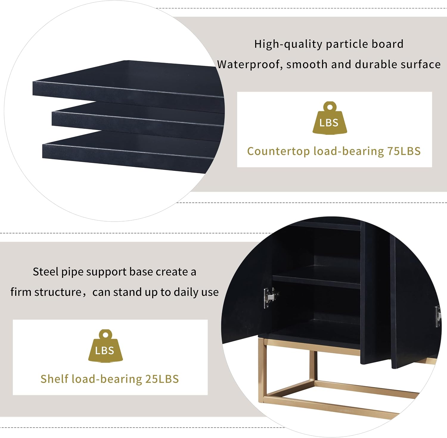 Sideboard Buffet Cabinet with Large Storage Space,Modern Particle Board Kitchen Console Table,W/ 4 Doors and Gold Metal Legs,Dining Room,Entryway,Black