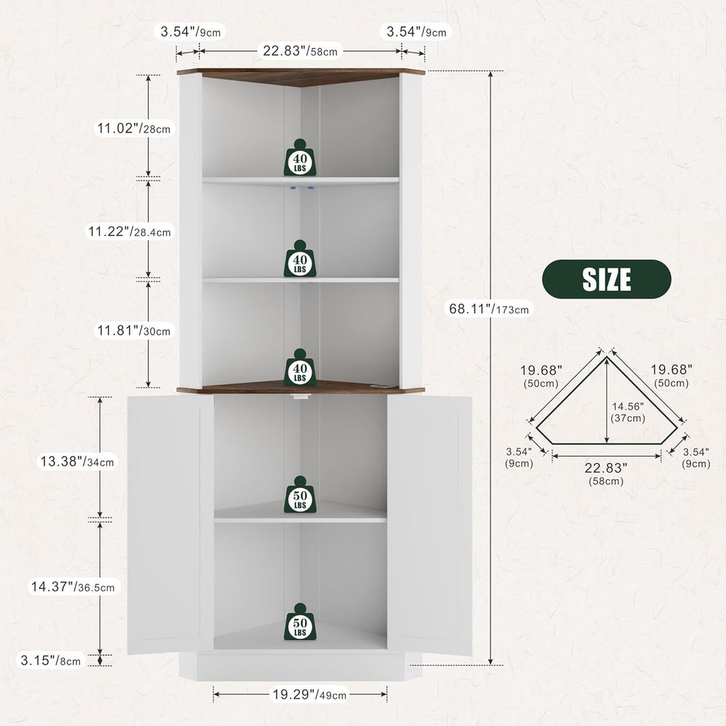 FREDEES Tall Corner Cabinet with LED Light, Farmhouse Bathroom Cabinet with 2 Doors and 3 Tier Shelves, Free Standing Corner Storage Cabinet for Laundry Room, Living Room or Kitchen, Antique White
