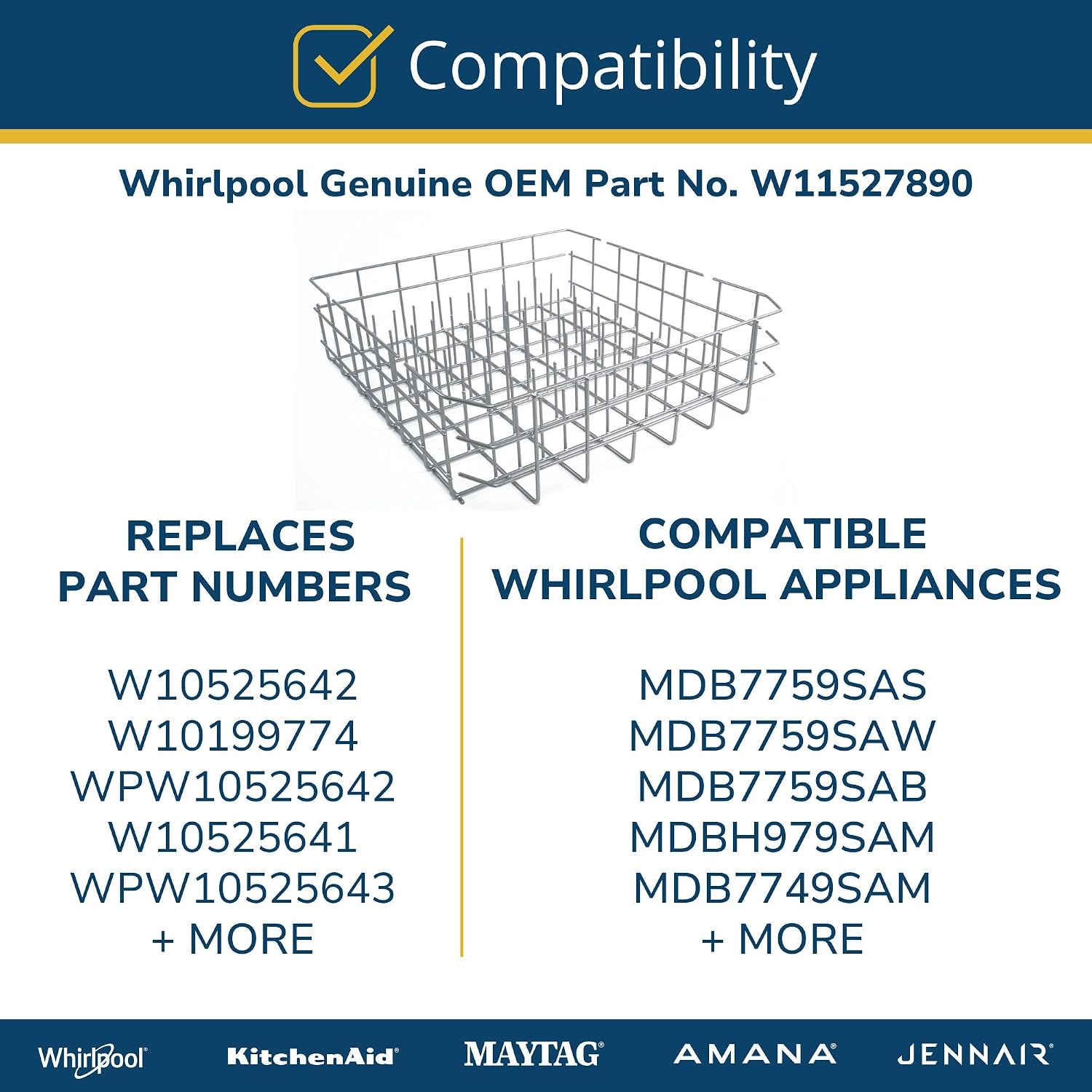 Whirlpool W11527890 OEM Dishwasher Lower Dishrack Assembly, White