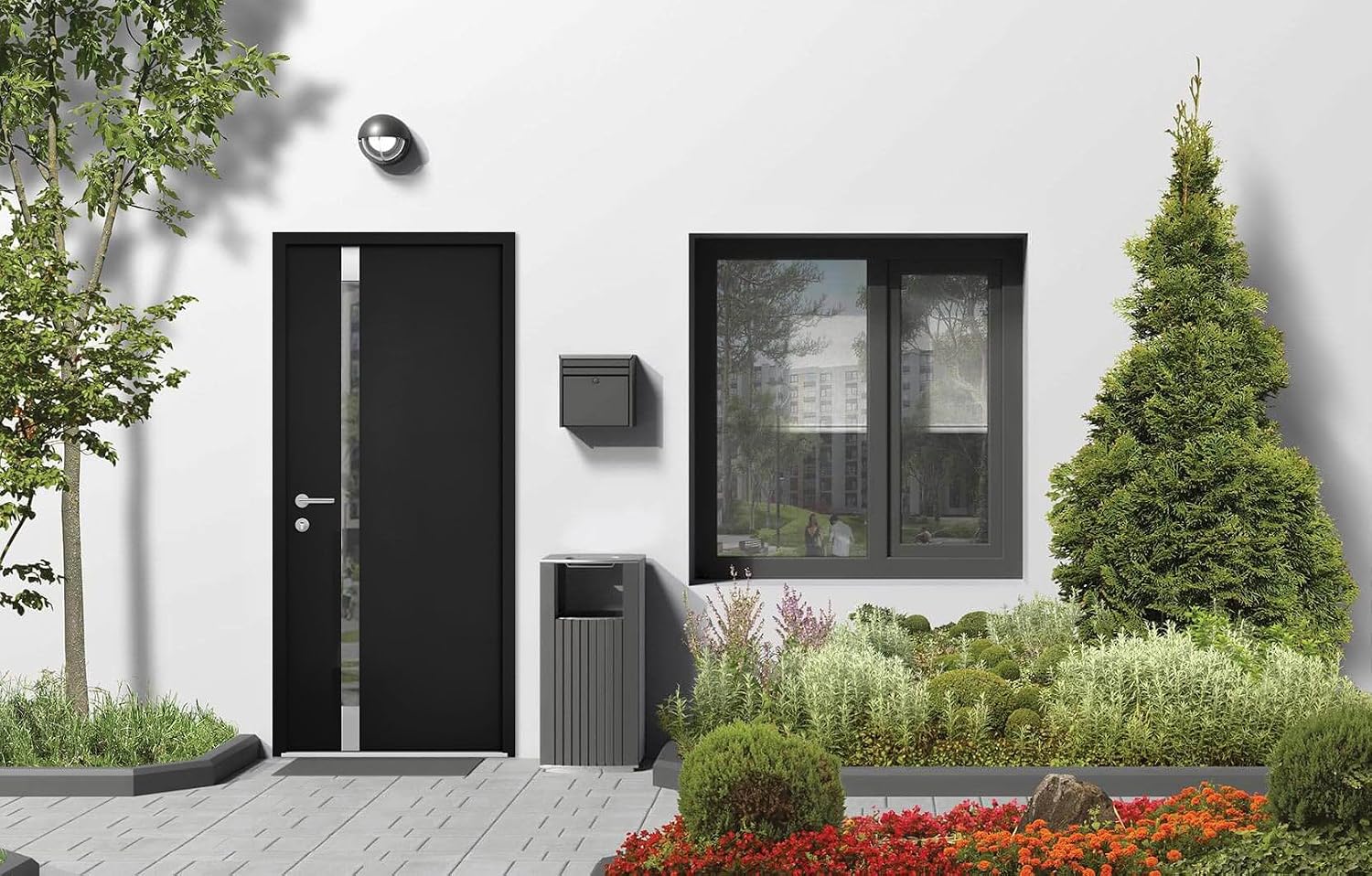 VDOMDOORS Front Exterior Prehung Steel Door/Cynex 6777 Black/Stainless Inserts Single Modern Painted-W36 x H80-Right-hand Inswing