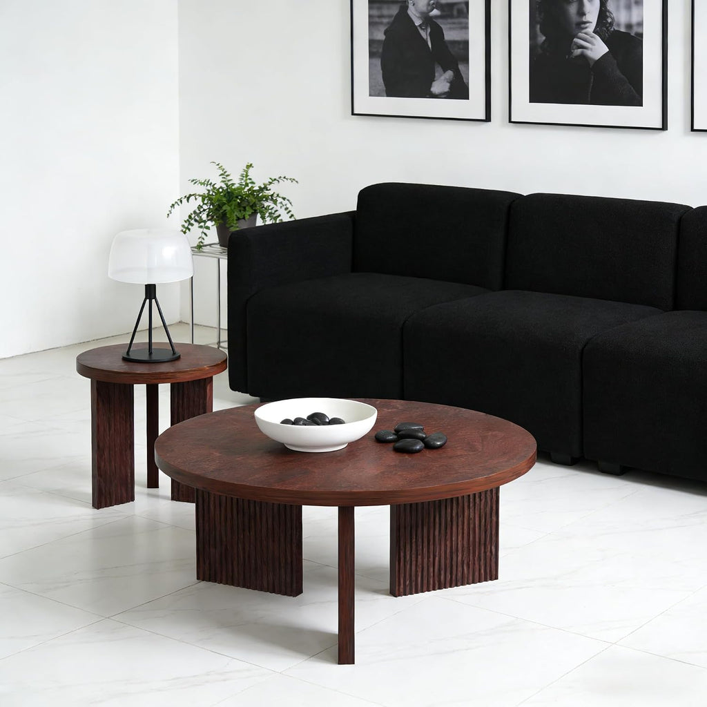 Nesting Coffee Table Set of 2, Modern Wooden Coffee Table with Smooth Thick Design, Circle Tea Table and End Table Set, Accent Center Tables for Living Room, Office, Burgundy