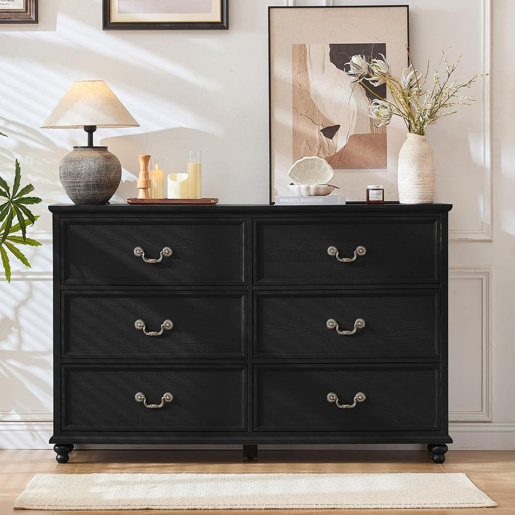 Joaxswe Farmhouse 6 Drawers Dresser for Bedroom, Vintage 54' Wide Chest of Drawers w/ 4 Wooden Legs, Rustic Large Closet Storage Dressers Organizer for Hallway, Wood TV Stand for Living Room, Black