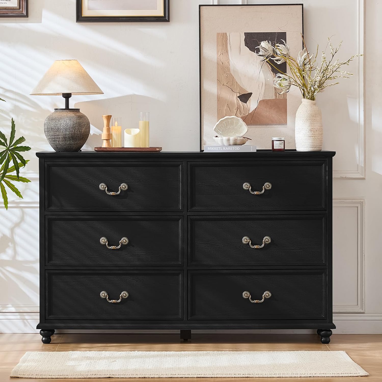 Joaxswe Farmhouse 6 Drawers Dresser for Bedroom, Vintage 54' Wide Chest of Drawers w/ 4 Wooden Legs, Rustic Large Closet Storage Dressers Organizer for Hallway, Wood TV Stand for Living Room, Black