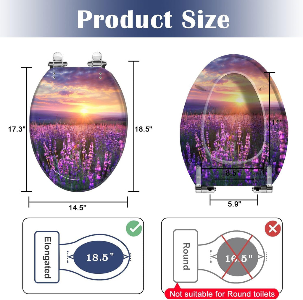 Elongated Toilet Seat Meadow lavender Resin Toilet Seat Slow Quiet Close Lid with Quick-Release Hinges Cover Bumpers Easy to Clean Install