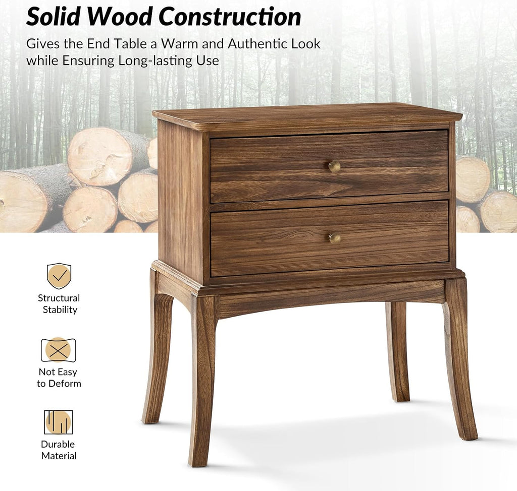 HULALA HOME Solid Wood End Table with Charging Station, 2 Drawer Side Table, Tall Mid Century Modern End Table for Living Room Set of 2, Cherry
