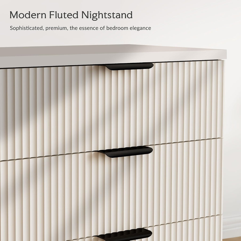 25.6' W Fluted Nightstand with 3 Drawer, Modern Wood Night Stands Bedside Table for Bedroom King/Queen Bed, End Table with Robot-Friendly Legs for Living Room,Entry (3 Drawers-1pcs-White)