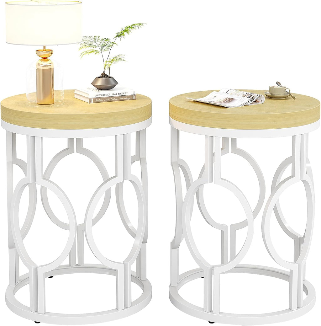 Tribesigns Round End Table Set of 2, Farmhouse Side Table with White Metal Hollow Frame, Small Bedside Table Nightstand for Living Room, Bedroom, Easy Assembly (Natural Beige,2 PCS)