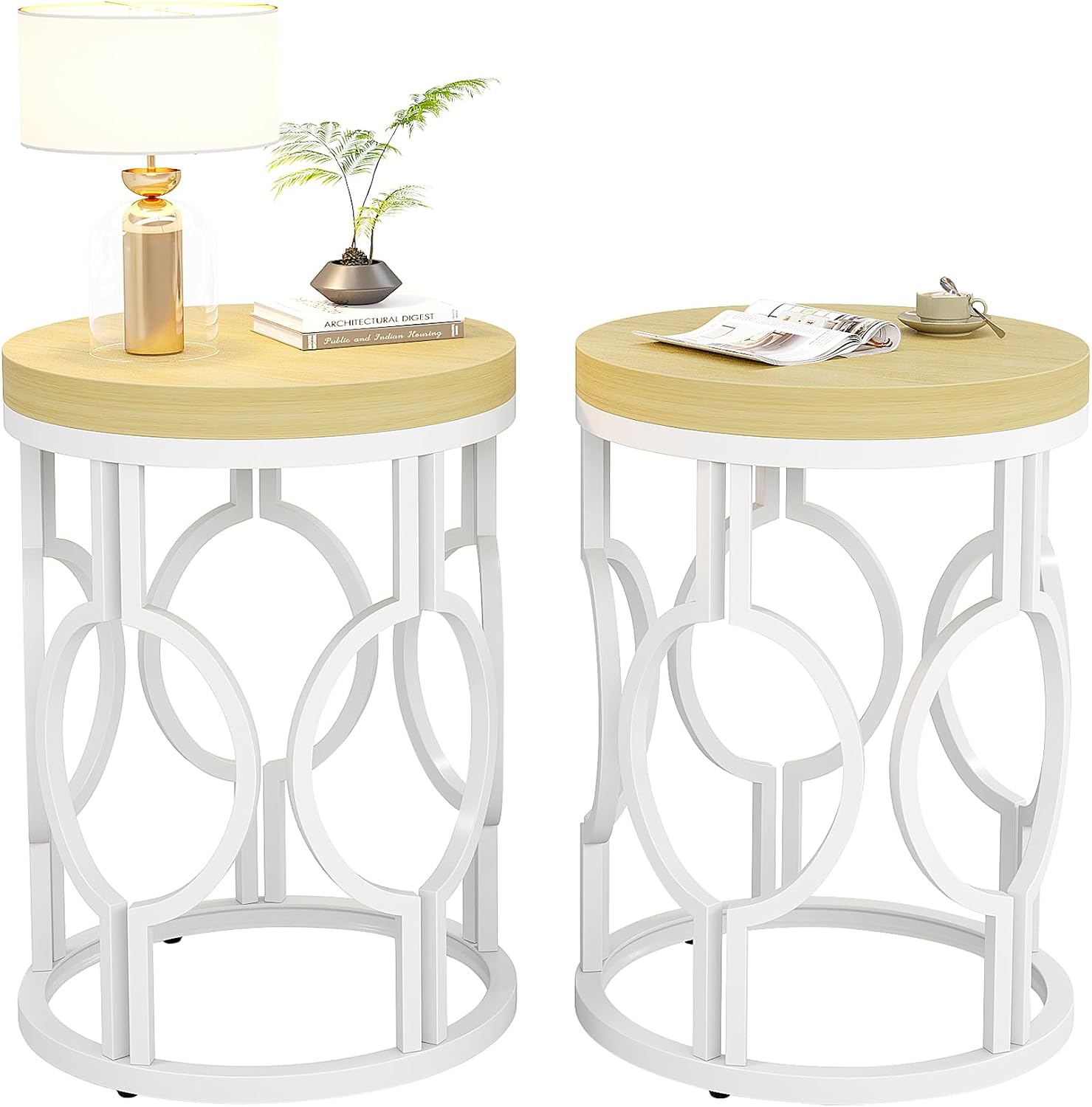Tribesigns Round End Table Set of 2, Farmhouse Side Table with White Metal Hollow Frame, Small Bedside Table Nightstand for Living Room, Bedroom, Easy Assembly (Natural Beige,2 PCS)
