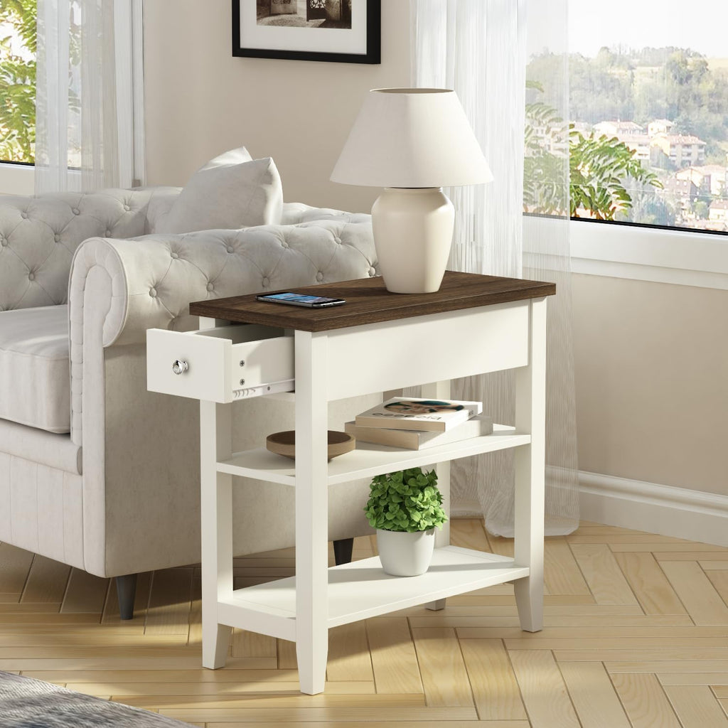 ChooChoo Side Table Living Room Set of 2, Narrow End Table with Drawer and Shelf, 3-Tier Sofa End Table for Small Space, White and Brown