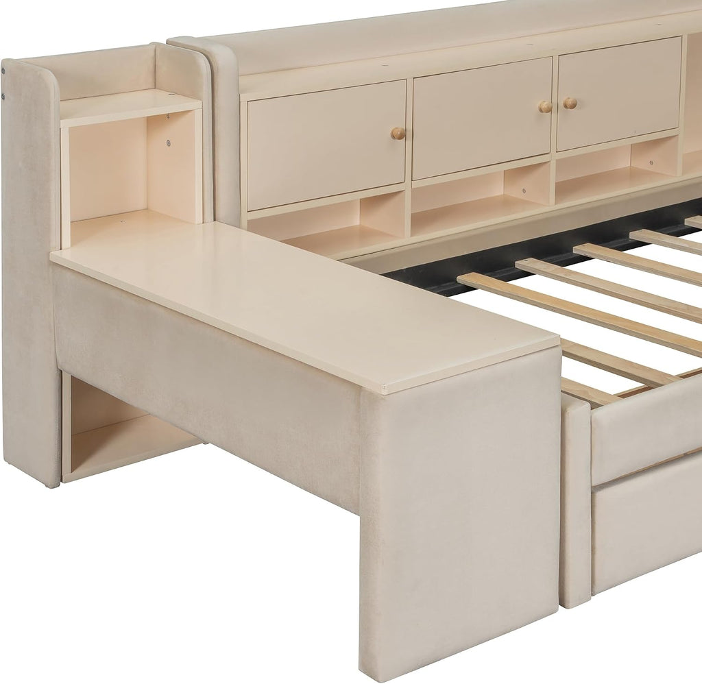 Bellemave Twin Corner Bed with Storage Shelves and Desk, Upholstered Daybed with Bookcase and Drawers，Daybed with Storage, Beige
