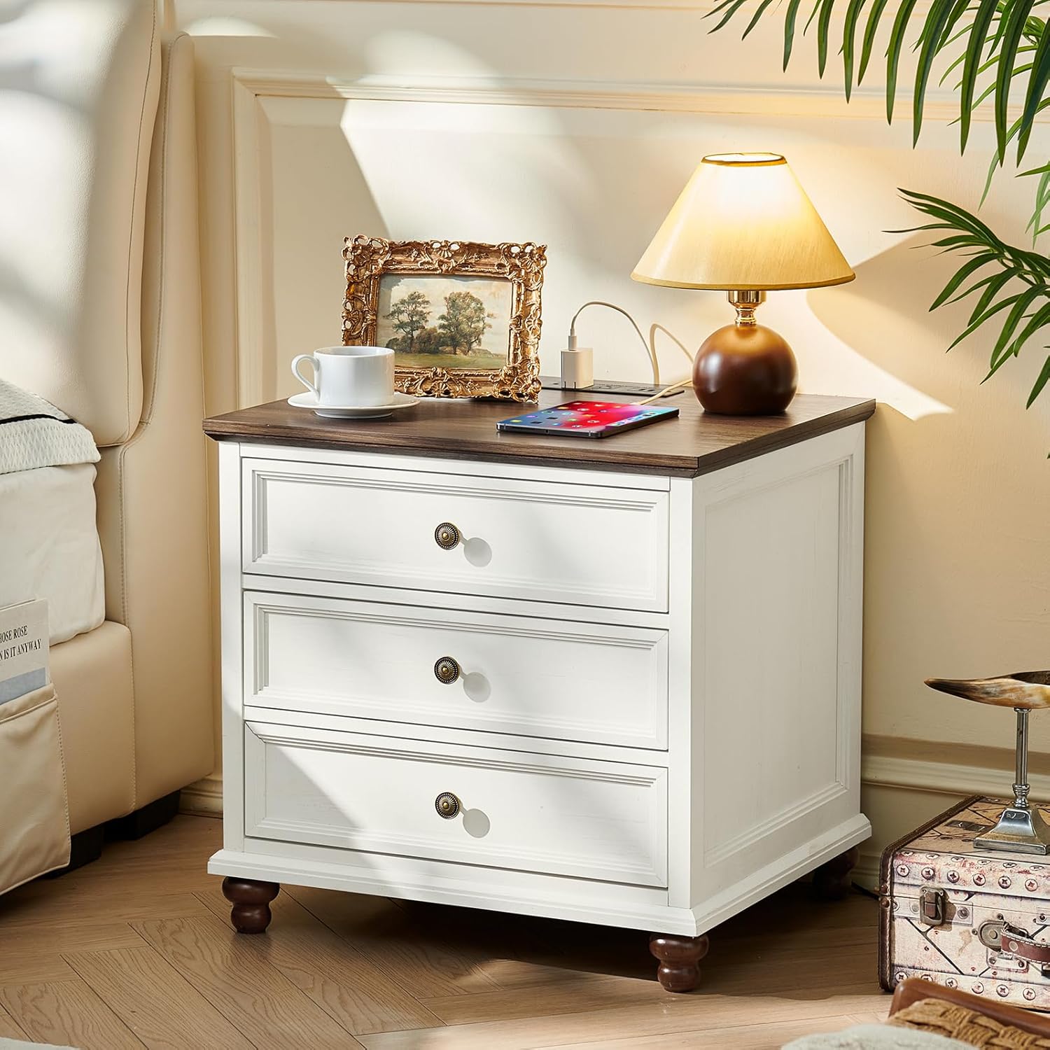 Joaxswe Farmhouse Nightstand Set of 2 with Charging Station, 24' Wide End Table with 3 Drawers,Dresser for Bedroom,Bed Side Table Chest of Drawers Cabinet,Wood White Night Stand for Living Room
