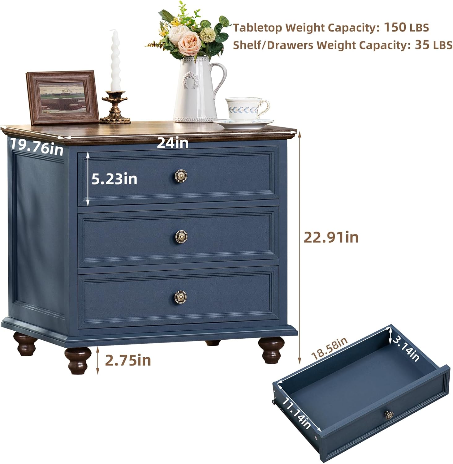Joaxswe 24' Wide Farmhouse Night Stand Set of 2,Large End Table with 3 Drawers & Metal Handle,Blue Dresser for Bedroom,Bed Side Table Chest of Drawers Cabinet,Wood Nightstand for Living Room,Closet