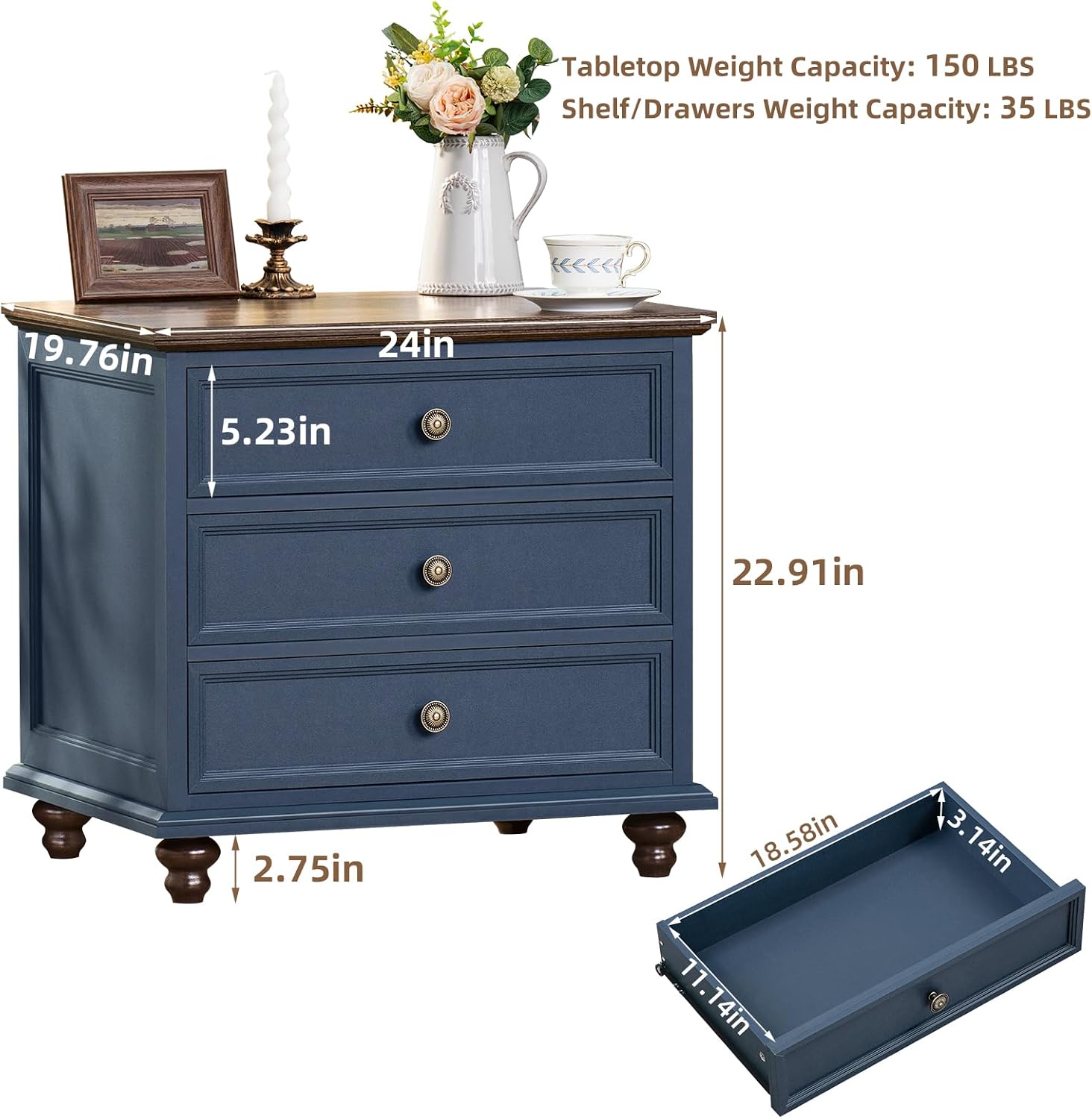 Joaxswe 24' Wide Farmhouse Night Stand,Large End Table with 3 Drawers & Metal Handle,Navy Blue Dresser for Bedroom, Wood Bed Side Table Chest of Drawers, Nightstand Cabinet for Living Room,Closet
