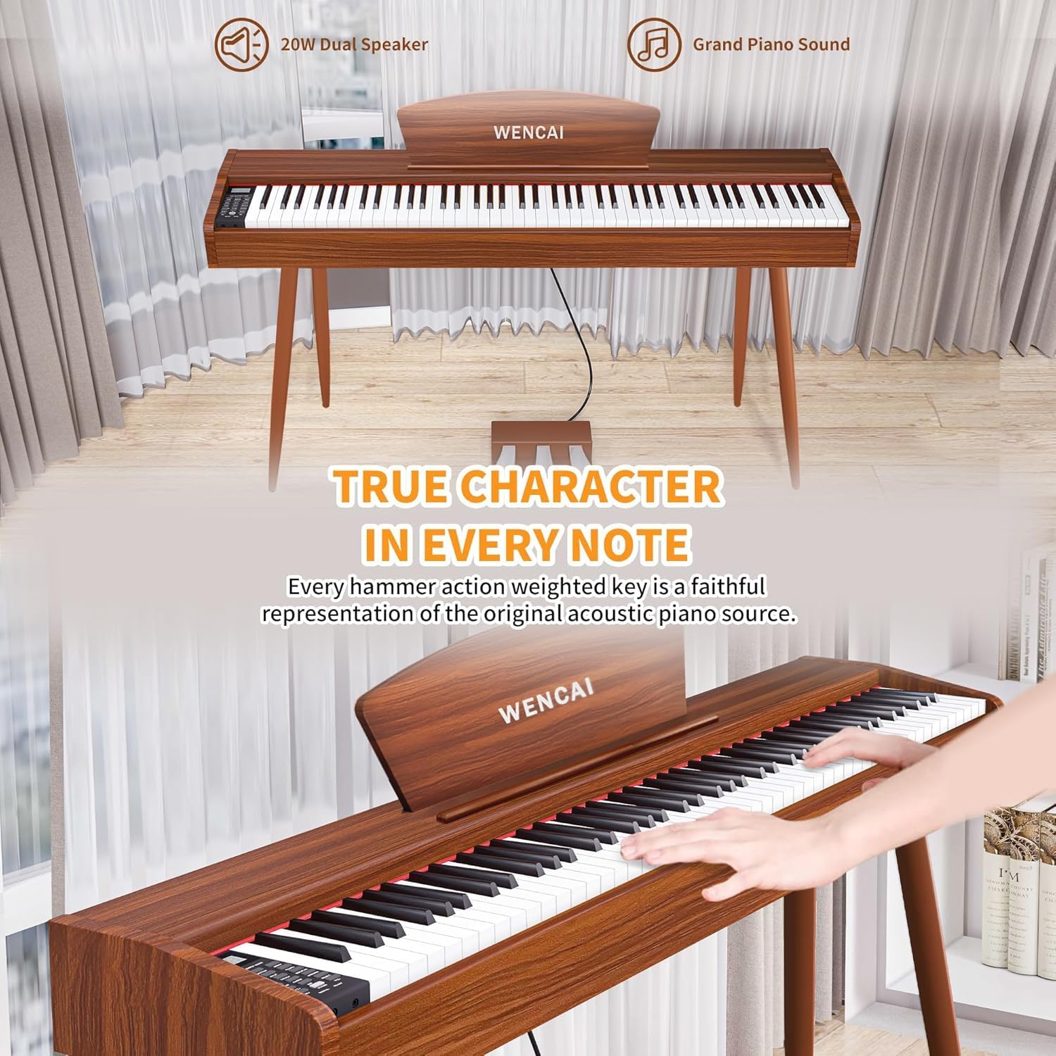WENCAI Digital Piano 88-Key Fully Weighted Keyboard - Hammer Action Electric Piano, Full-Size Wooden Pianos for Beginner Professional Adults with Sheet Music Stand Triple Pedal