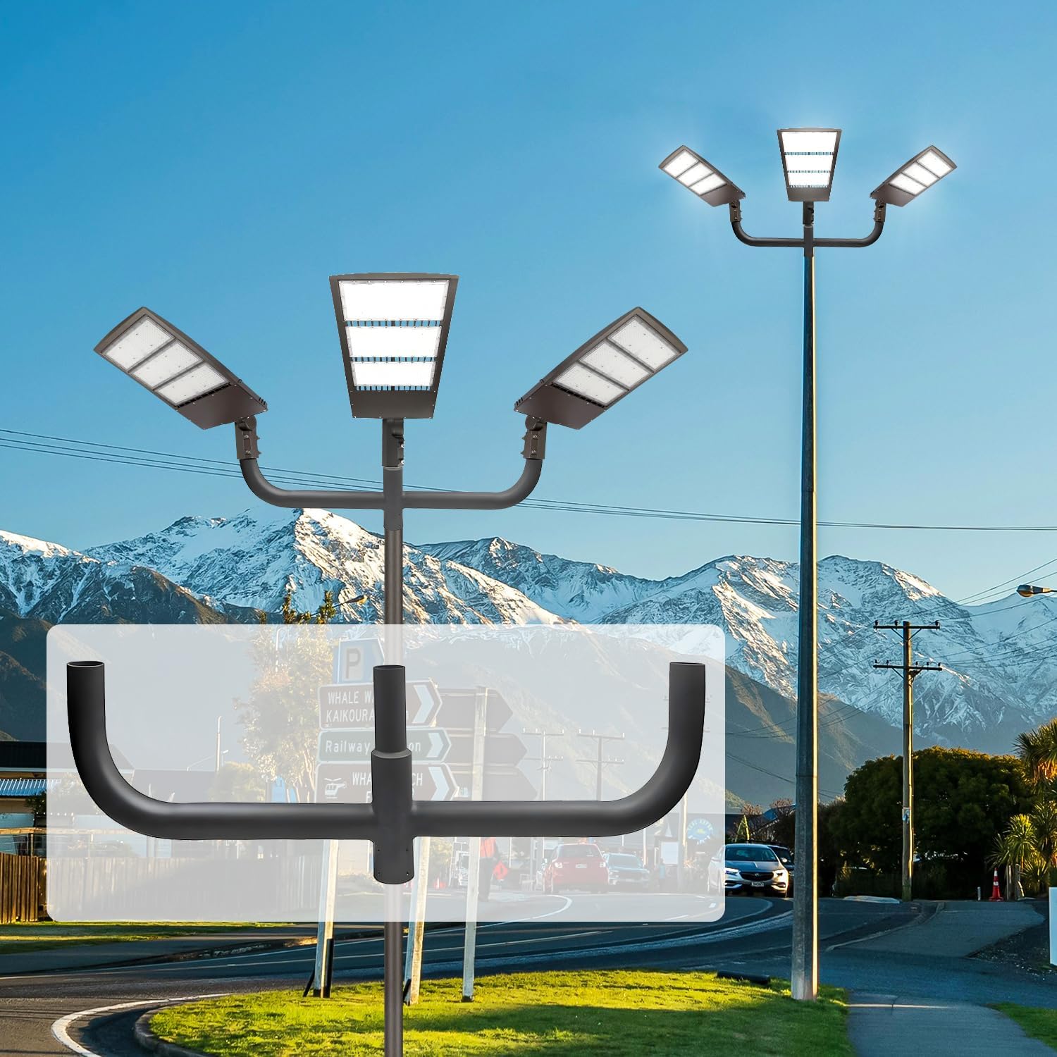 180 Degree Bullhorn Mounting Bracket Tenon, 2-3/8 Round Triple Light Pole Mount Arm Tenon Adaptor for 3 Slip Fitter Lights Led Parking Lot Light, Outdoor Shoebox Street Lighting, Dark Bronze