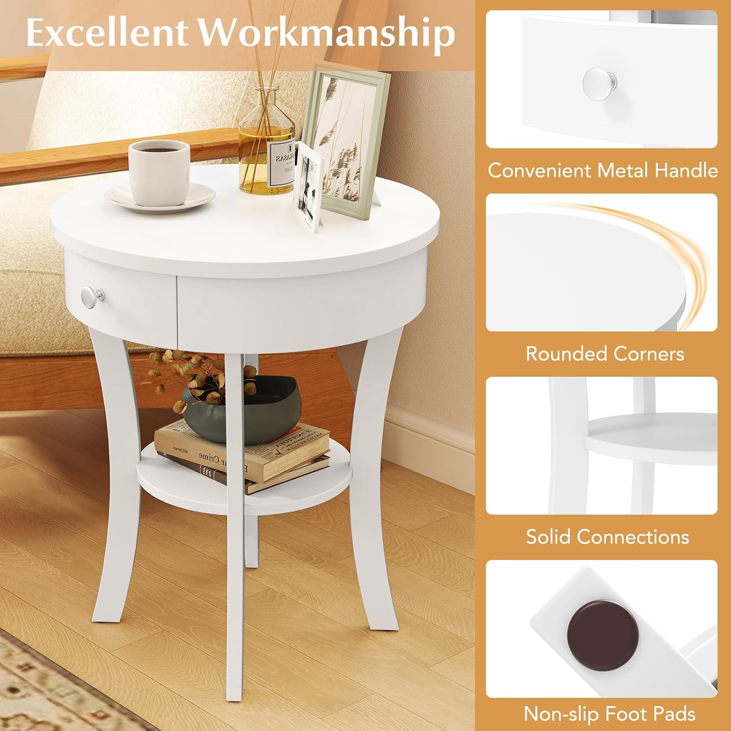 GOFLAME Round End Table with Drawer Set of 2, Sofa Side Table with Solid Wood Legs, Open Storage Shelf, Vintage Accent Table, Display Table, 2-Tier Compact Nightstand for Living Room, White
