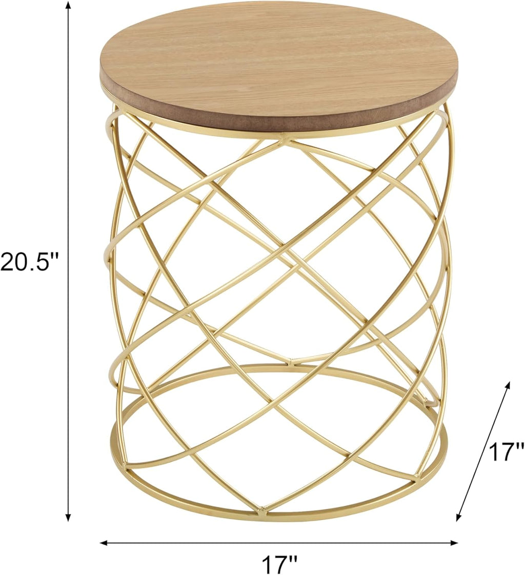 Christopher Knight Home Vevia 17' Golden End Table, Metal Accent Table, Round Wooden Top, Nesting Designed Home Decor, Birdcage Small Coffee Tables for Living Room, Bedroom, No Assembly, Natural+Gold