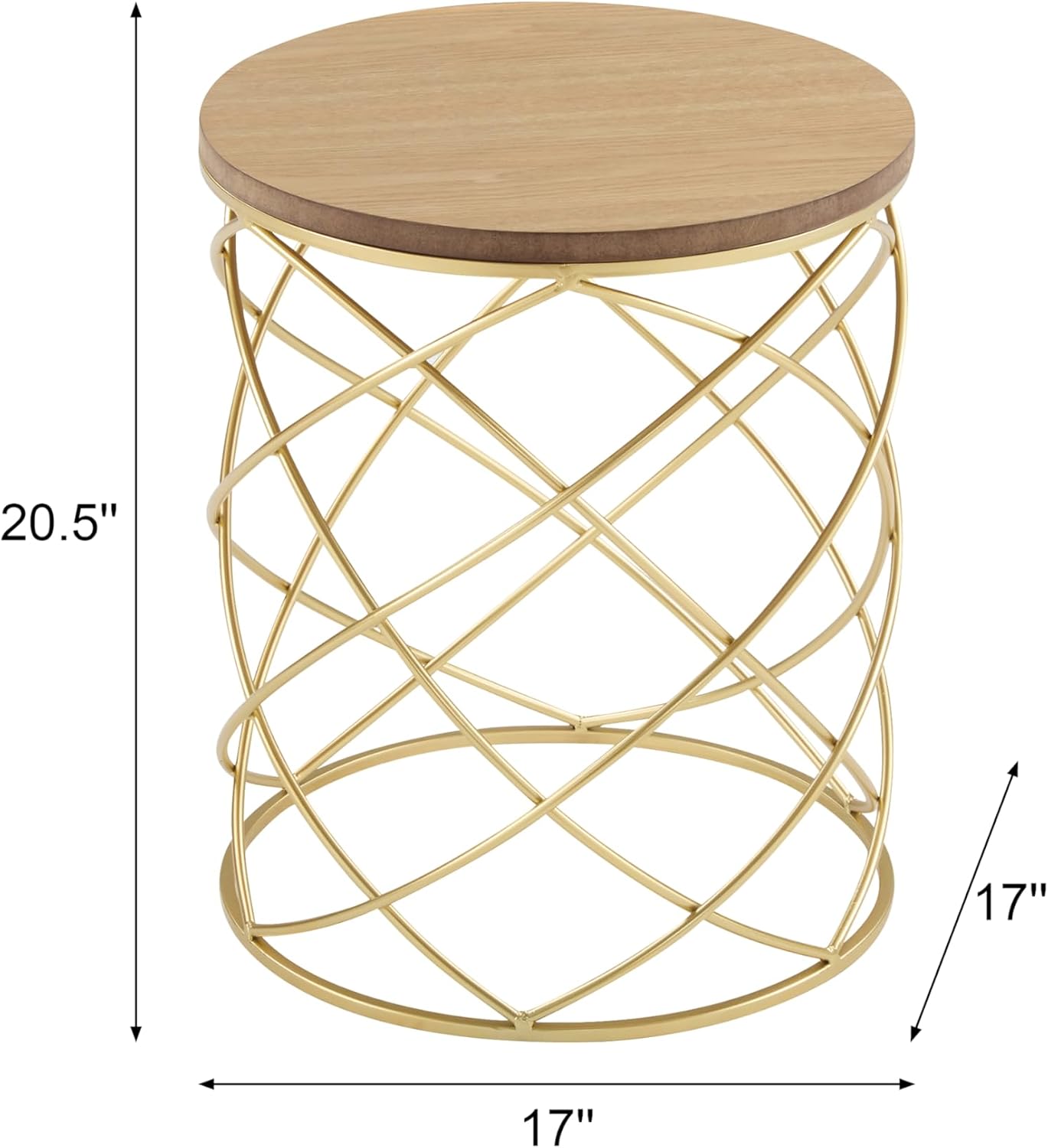 Christopher Knight Home Vevia 17' Golden End Table, Metal Accent Table, Round Wooden Top, Nesting Designed Home Decor, Birdcage Small Coffee Tables for Living Room, Bedroom, No Assembly, Natural+Gold