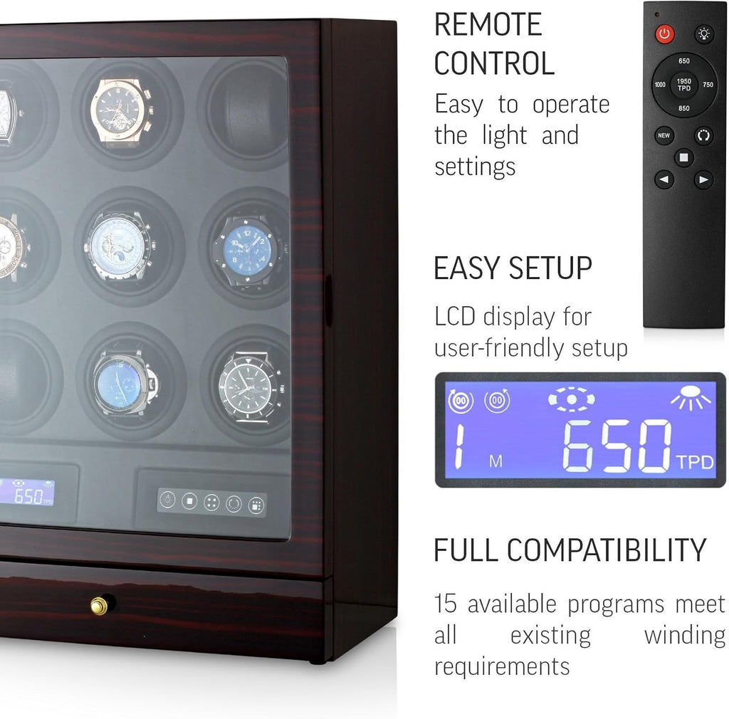 9 Watch Winder with LED Interior Light, LCD Display and 2 Watch Storage Space