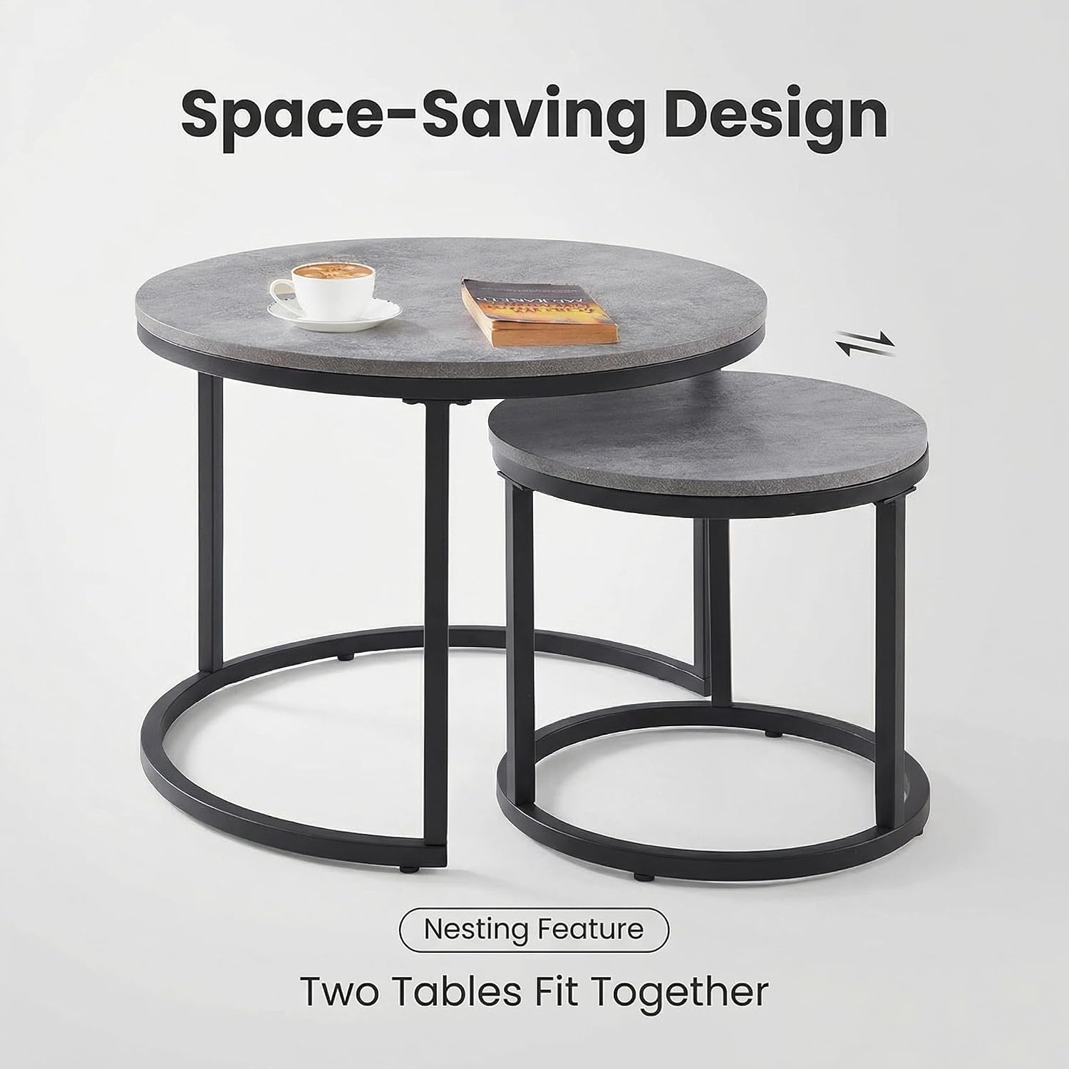 CENSI Round Nesting Coffee Table Set of 2, 24' Industrial Grey Faux Concrete Top, Modern Stacking Side End Tables with Black Metal Frame for Living Room, Small Spaces, Sturdy & Easy Assembly