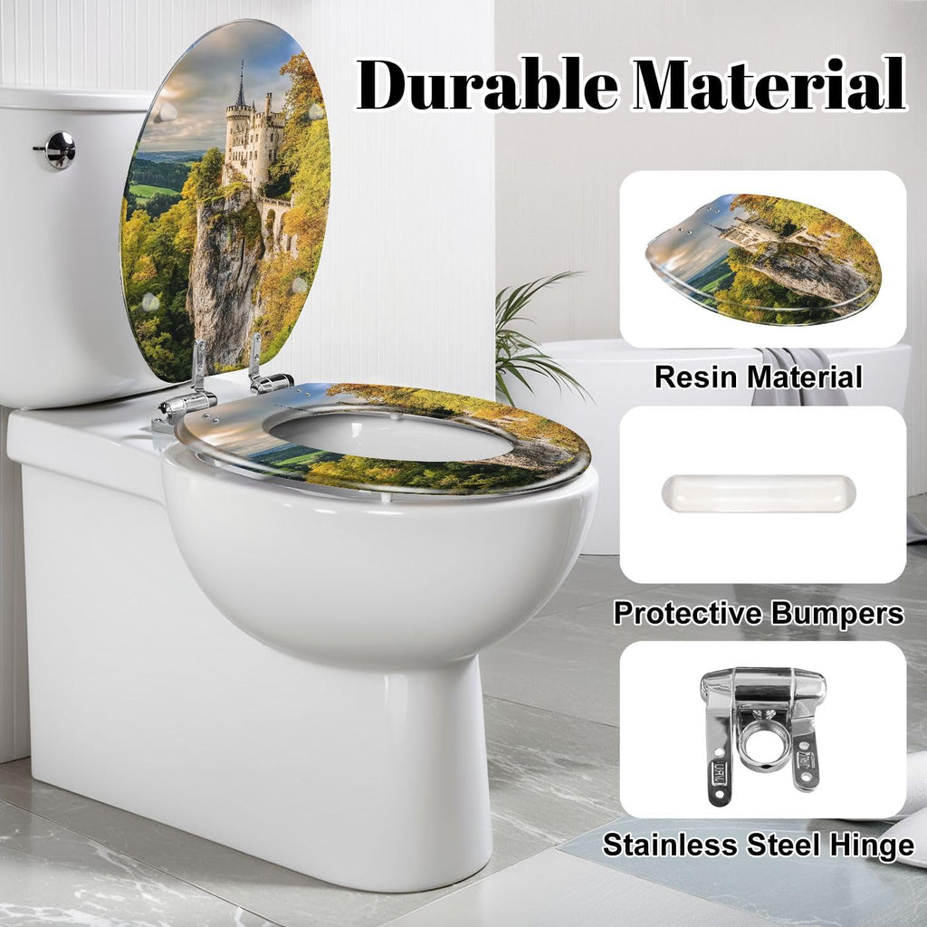 Elongated Toilet Seat Lichtenstein Castle Resin Toilet Seat Slow Quiet Close Lid with Quick-Release Hinges Cover Bumpers Easy to Clean Install