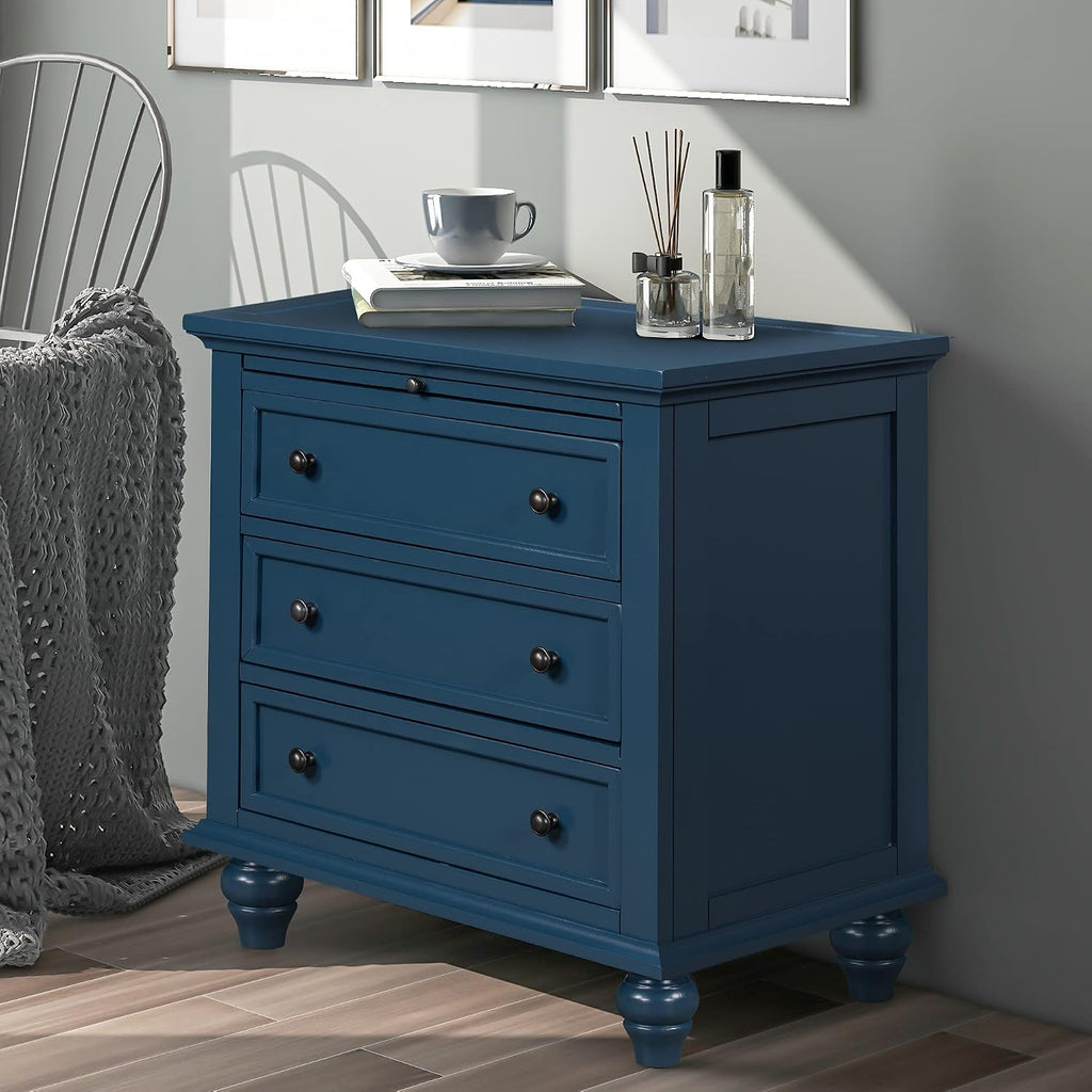 Farmhouse Wood Nightstand with 3 Storage Drawers, Bedside Table End Table with Pull Out Tray, Modern Wooden Side Table Dresser for Bedroom Hallway Living Room (Blue)