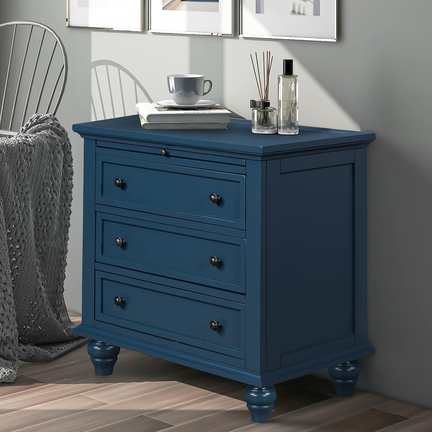 Farmhouse Wood Nightstand with 3 Storage Drawers, Bedside Table End Table with Pull Out Tray, Modern Wooden Side Table Dresser for Bedroom Hallway Living Room (Blue)