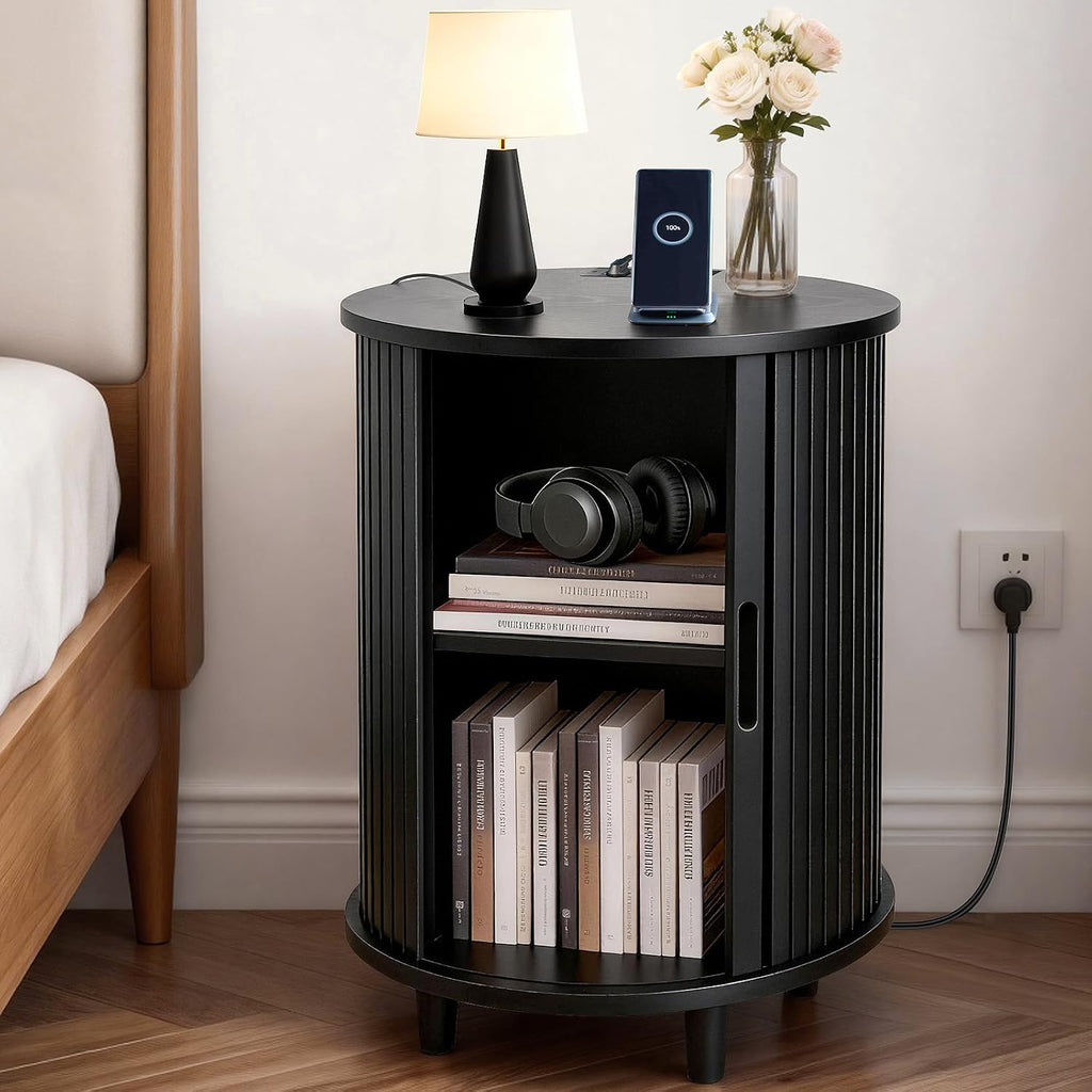 DHH End Table Set of 2 with Storage & Charging Station, Fluted Accent Side Table with Sliding Door & Adjustable Shelf, Mid-Century Nightstand for Small Spaces, Living Room, Bedroom(2, Black)