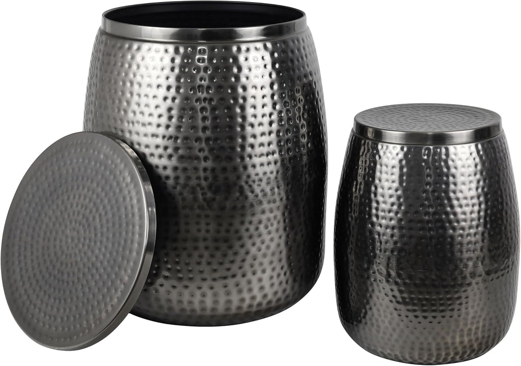 happimess SSL2002B-2SET Merida Modern Rustic 2-Piece Hammered Metal Drum Storage Side Tables with Lids, End Table for Decoration in Living Room, Bedroom, Bathroom, Antique Nickel