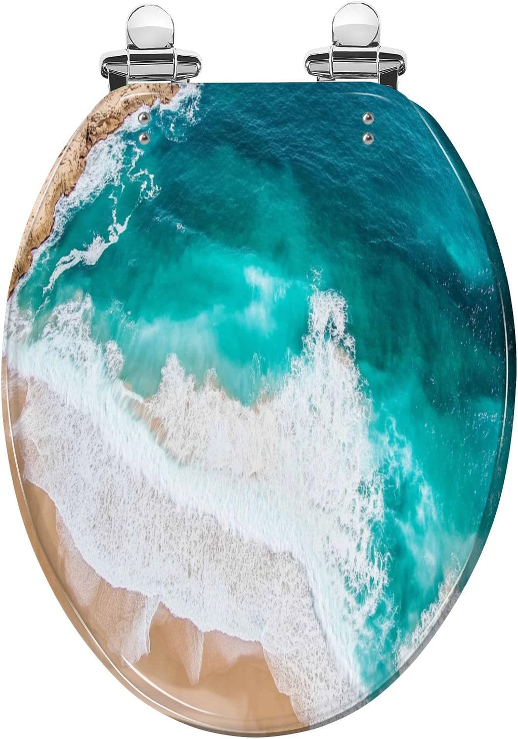 Elongated Toilet Seat Aerial drone view beach turquoise water large waves Resin Toilet Seat Slow Quiet Close Lid with Quick-Release Hinges Cover Bumpers Easy to Clean Install