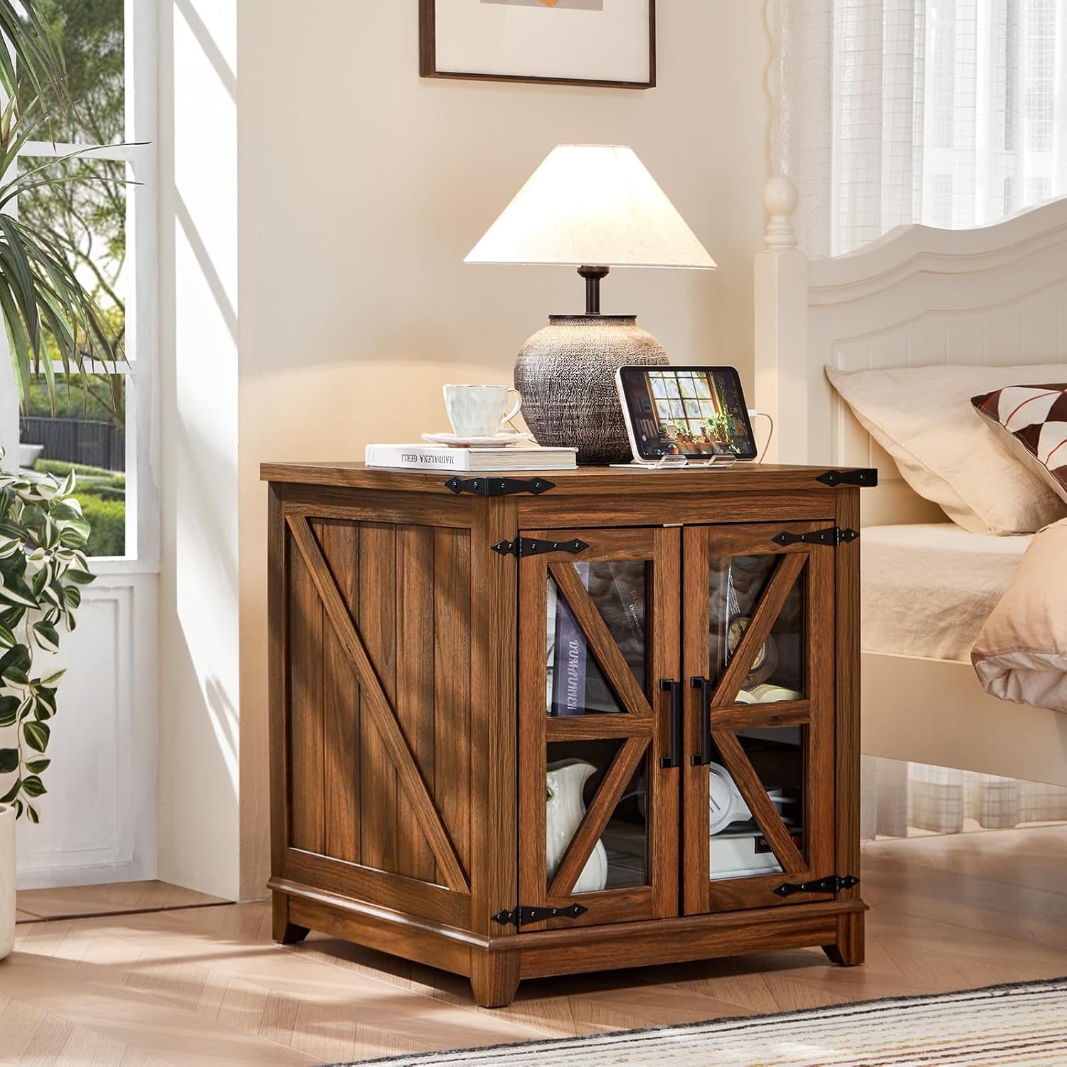 Joaxswe Farmhouse End Table with Charging Station Set 2, 24' Large Sofa Side Table with Glass Barn Door, Nightstand with Adjustable Storage Shelf,Wood Square Bedside Table for Living Room,Bedroom