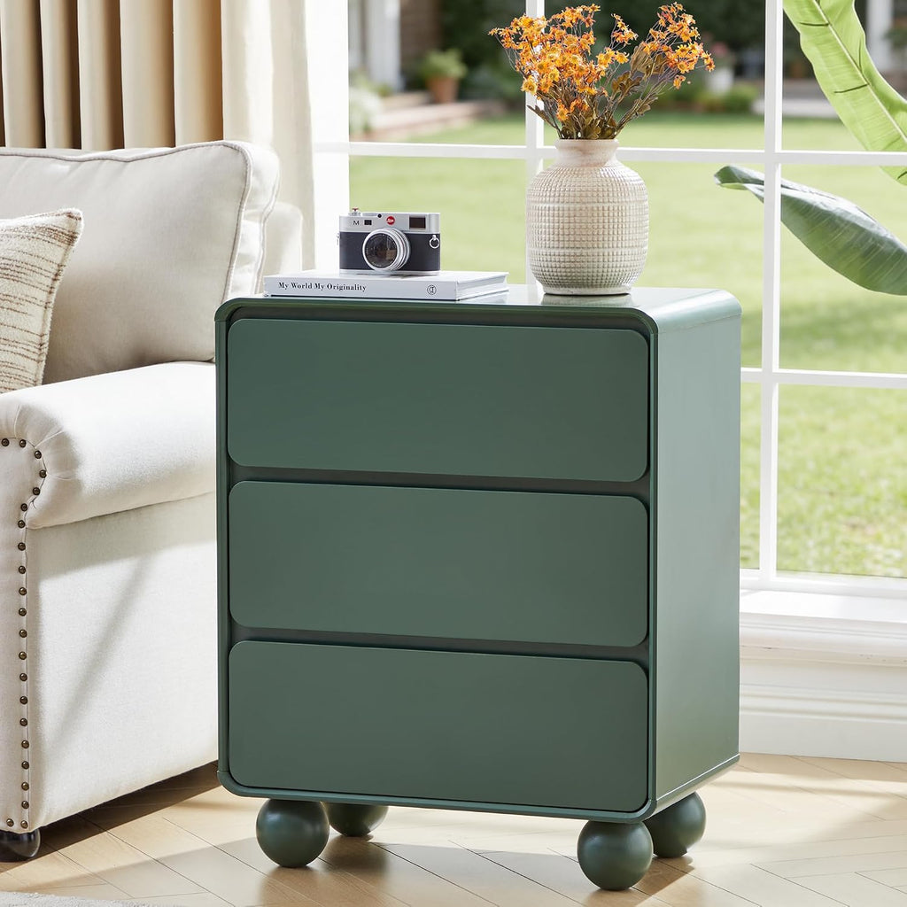 AVZEAR Wooden Night Stand wth 3 Drawer Dresser Mid Century Modern End Table Chest of Drawers, Solid Wood Legs & Curved Profile Design, Farmhouse Side Table for Living Room, Green