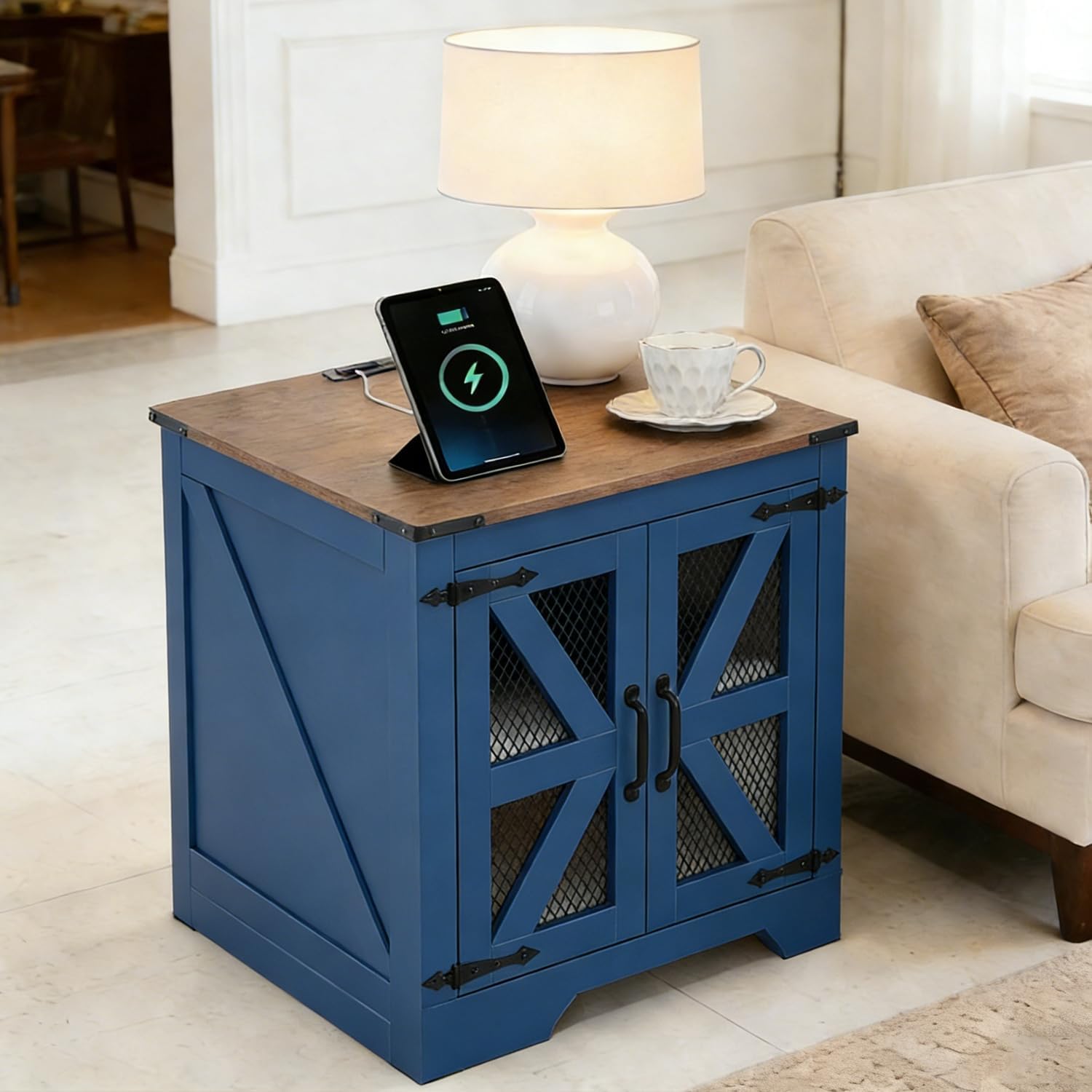 Farmhouse End Table Set with Charging Station, Living Room Tables with Hidden Storage, Wood Square Sofa Bedside Tables, Night Stand with Power Outlet and Door, Blue