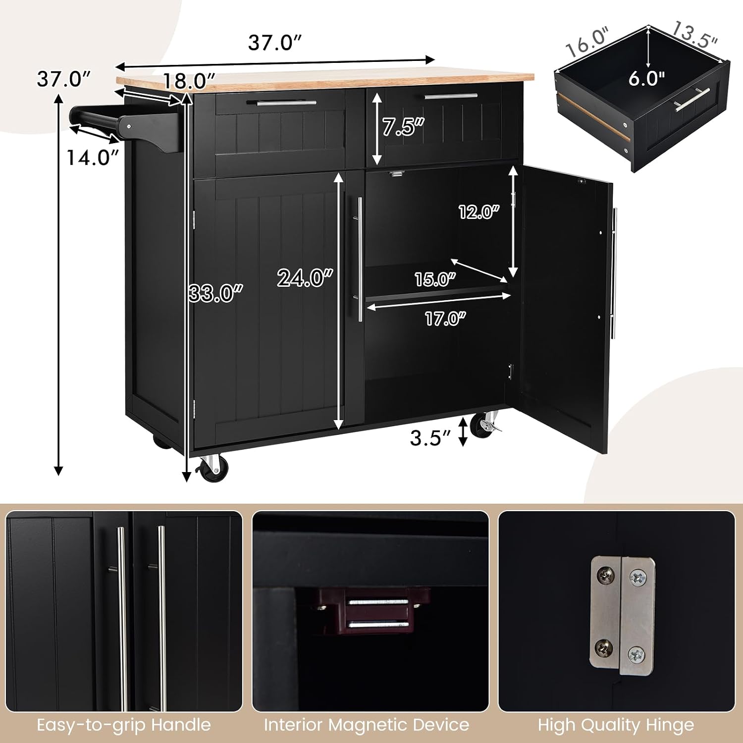 Kitchen Island with Storage, Mobile Kitchen Trolley Cart with Wheels, Rubber Wood Top, Adjustable Shelves, Towel Rack & Drawers, Rolling Kitchen Island Cart, 37' L x 18' W x 37' H (Black)