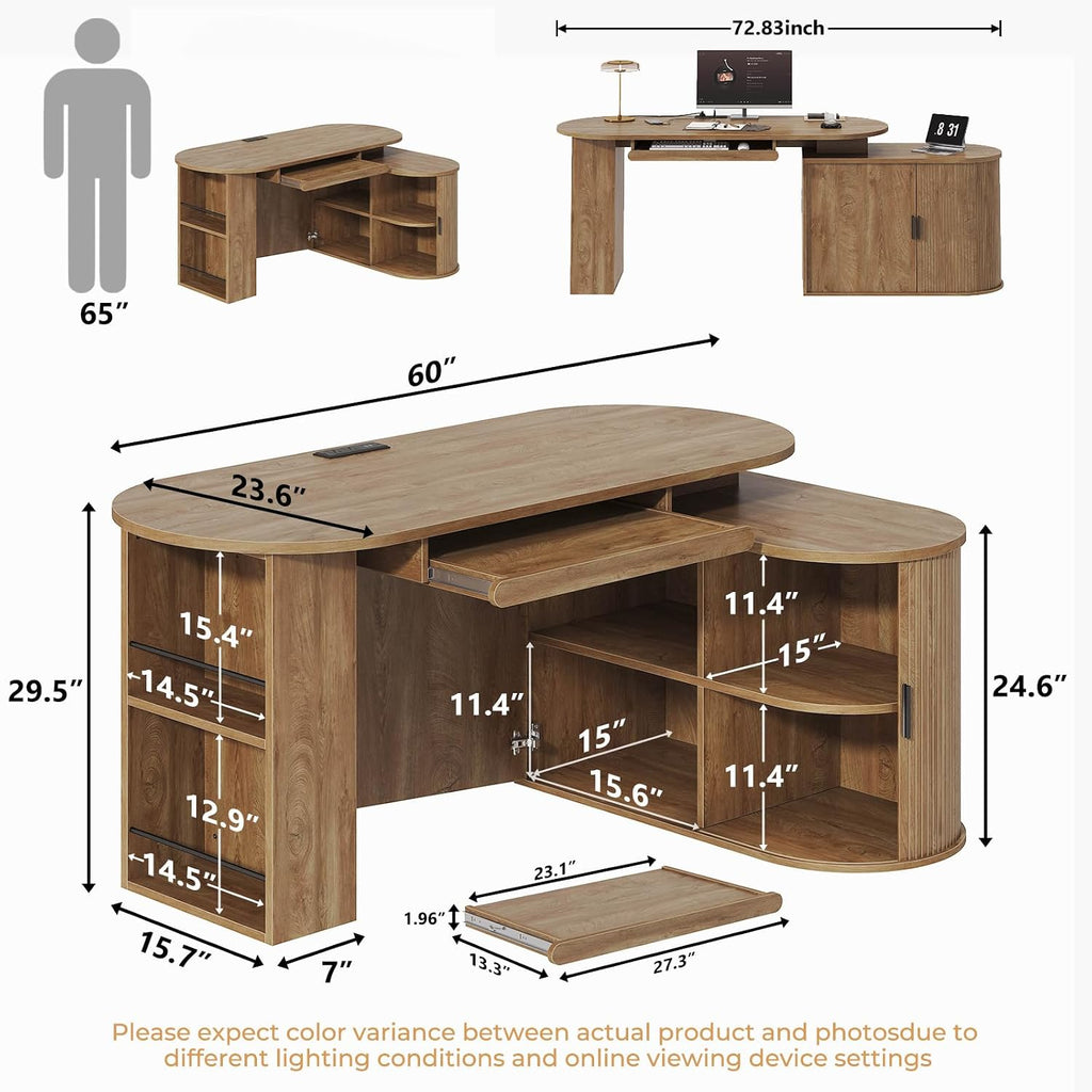 HSH L Shaped Computer Desk with Storage Cabinet, Reversible Office L Desk with Keyboard Tray and Open Shelves, Home Office Corner Executive Desk with Power Outlet, Annual Ring Wood, 60 Inch