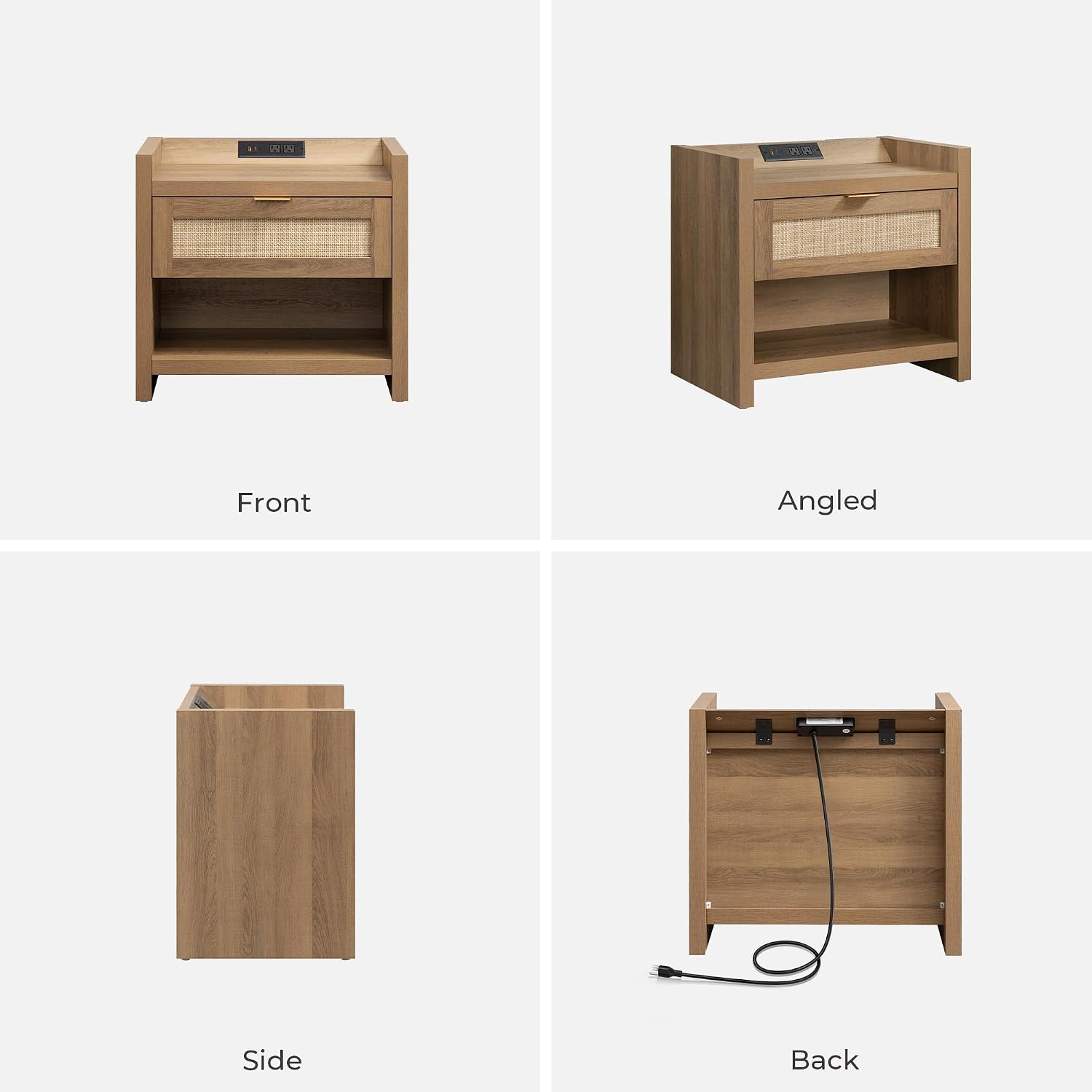 SICOTAS Night Stand Set of 2 Nightstands - Rattan Bed Side Table with Drawer Storage,Type-C Charging Station End Table - Boho Bedside Night Stands for Bedroom - Natural Oak