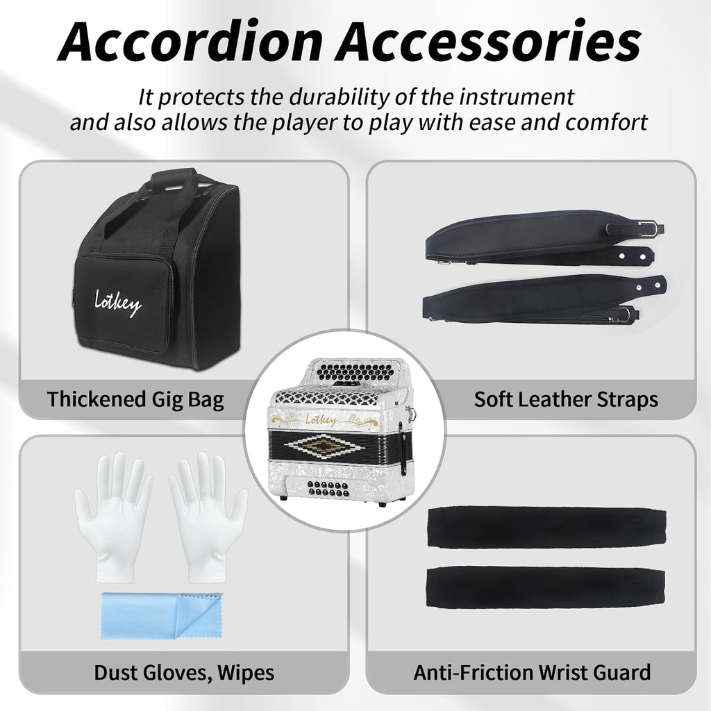 Lotkey 34 Key Diatonic Accordion, 3412 Multi Tone Celluloid Accordions Louder Clearer Timbre than Plastic for Adult, Beginner, Professional with Updated Bag, Straps, Acordeón Wrist Guard (FBE White)