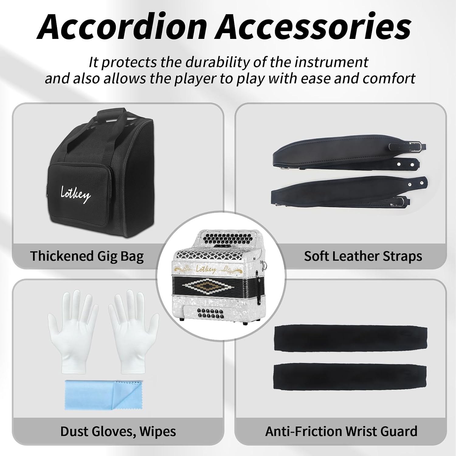 Lotkey 34 Key Diatonic Accordion, 3412 Multi Tone Celluloid Accordions Louder Clearer Timbre than Plastic for Adult, Beginner, Professional with Updated Bag, Straps, Acordeón Wrist Guard (FBE White)