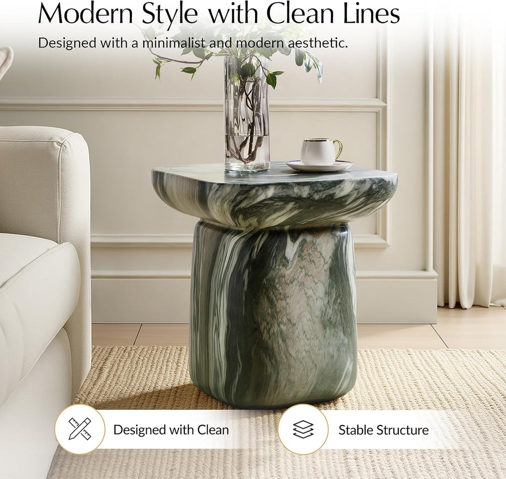 HULALA HOME Modern Concrete Side Table, Marble Stone End Table, Elegant Minimalist Pedestal Accent Table, Small Round Nightstand for Bedside & Sofa Side, Fully Assembled, Green