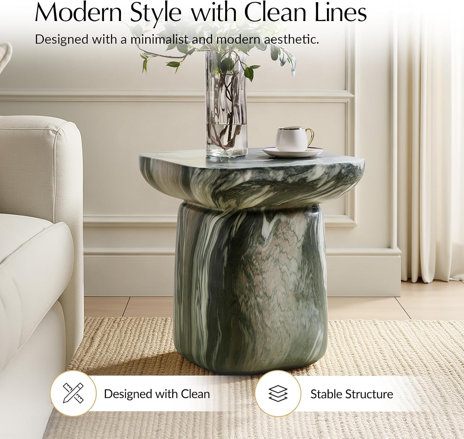HULALA HOME Modern Concrete Side Table, Marble Stone End Table, Elegant Minimalist Pedestal Accent Table, Small Round Nightstand for Bedside & Sofa Side, Fully Assembled, Green