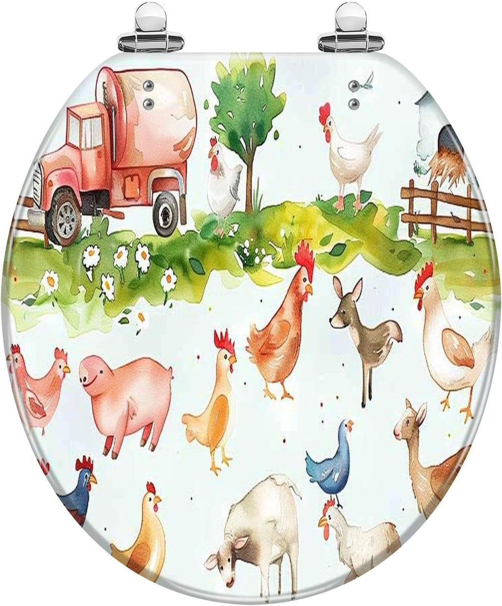 Round Toilet Seat Watercolor farm animals hen cow horse chicken red green blue for baby Resin Toilet Seat Slow Quiet Close with Quick-Release Hinges Toilet Seat with Cover Easy to Clean Install